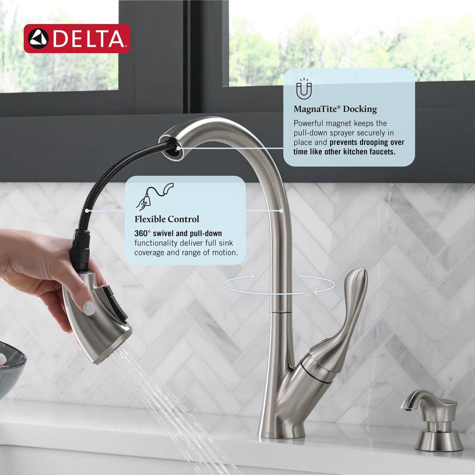 Single Handle Pull-Down Kitchen Faucet with Soap Dispenser and ShieldSpray&reg; Technology