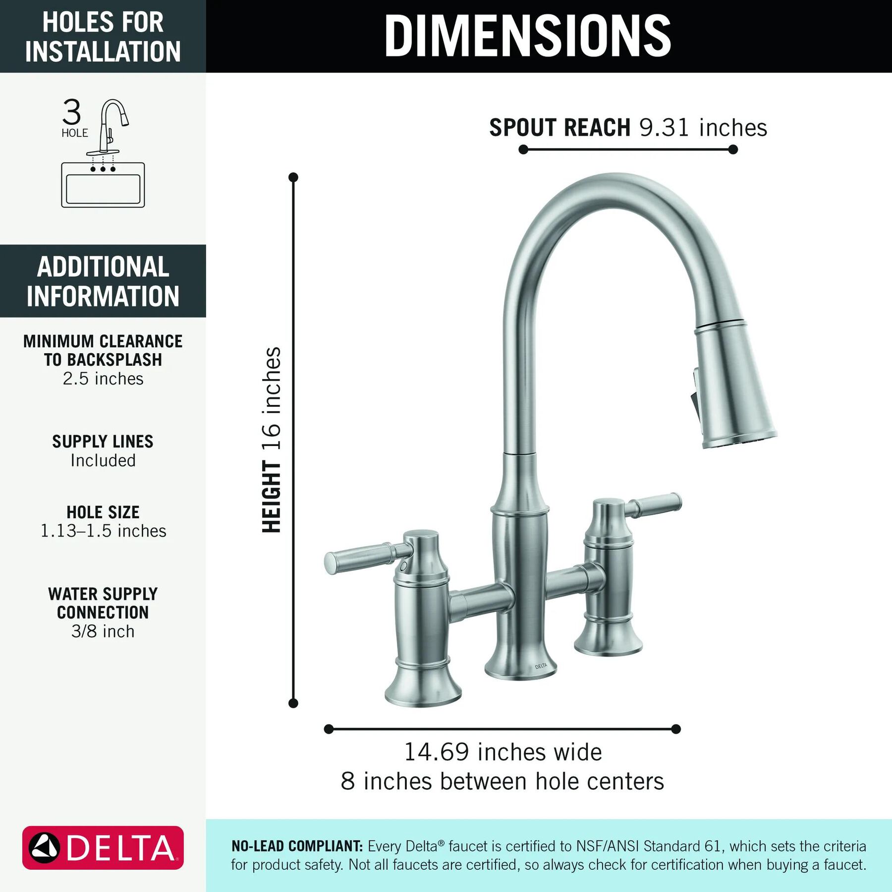 Two Handle Pull-Down Bridge Kitchen Faucet (Recertified)