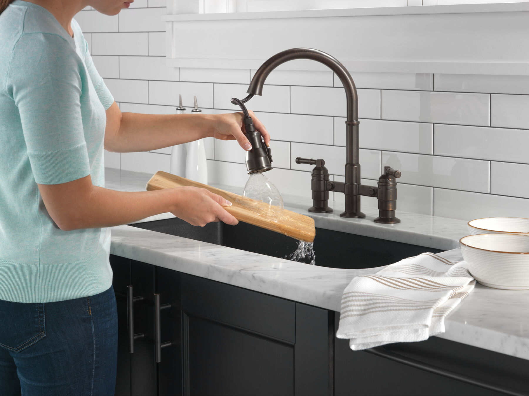 Two Handle Pull-Down Bridge Kitchen Faucet