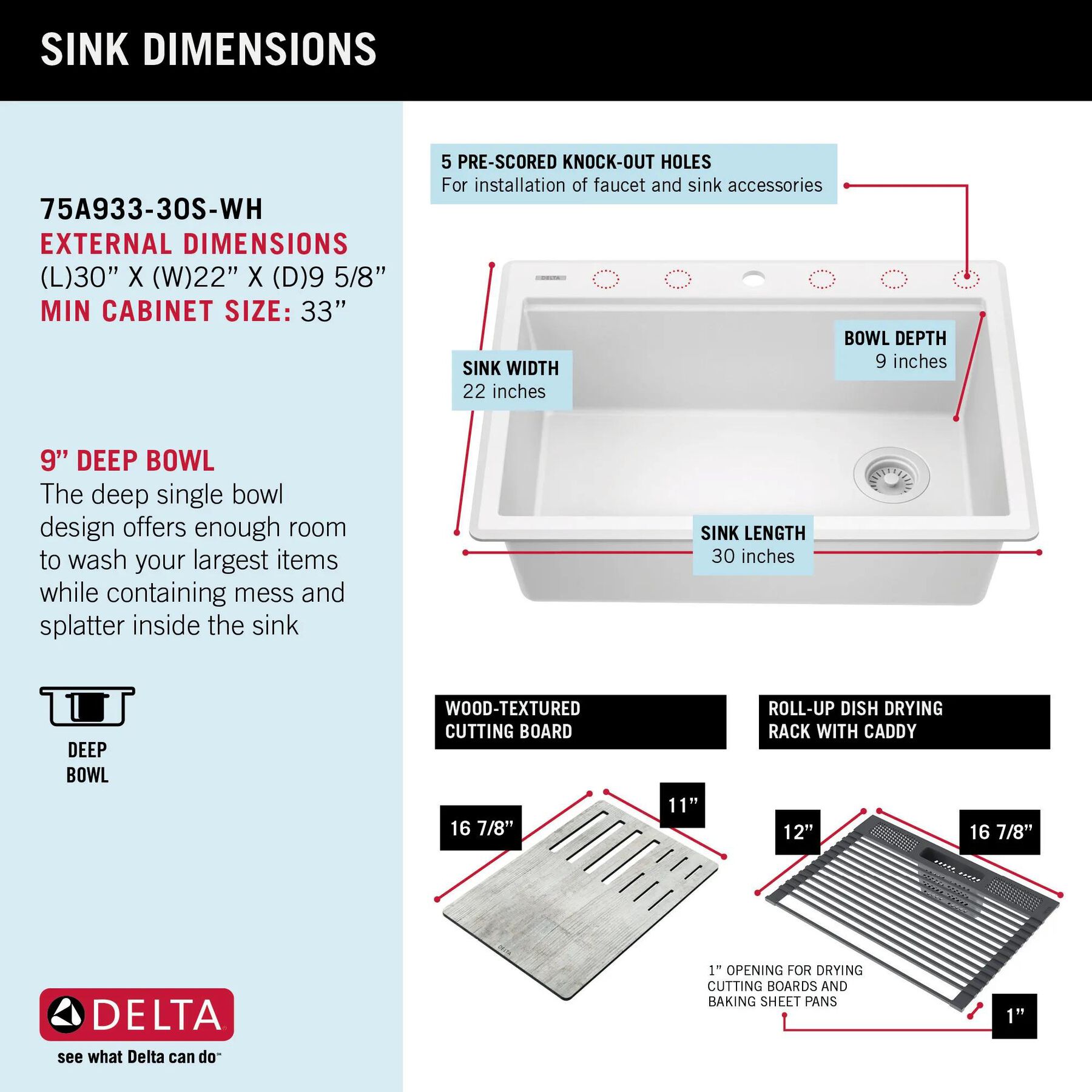 30&rdquo; Granite Composite Workstation Kitchen Sink Drop-In Top Mount Single Bowl with WorkFlow&trade; Ledge and Accessories in White