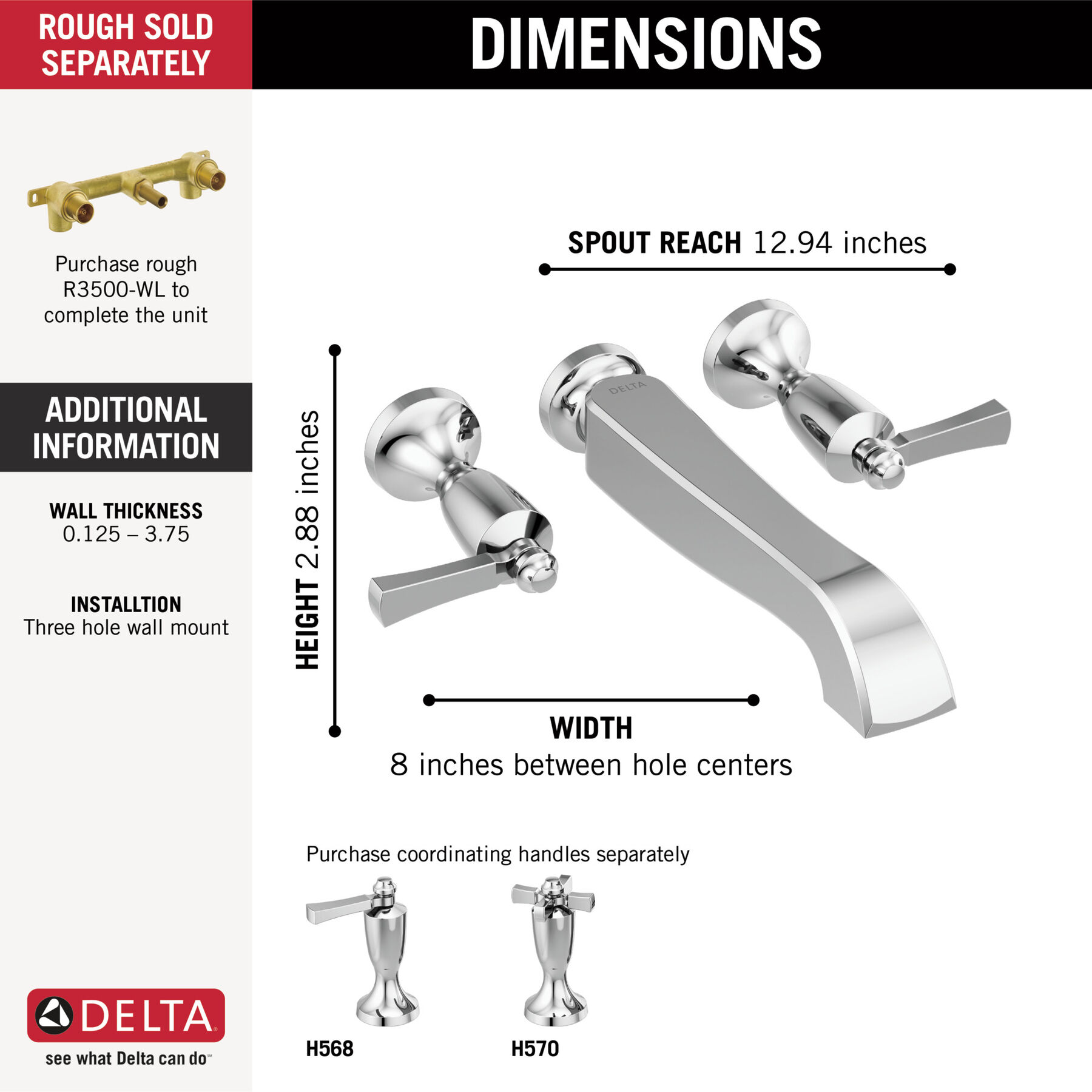 Two Handle Wall Mount Tub Filler - Less Handles
