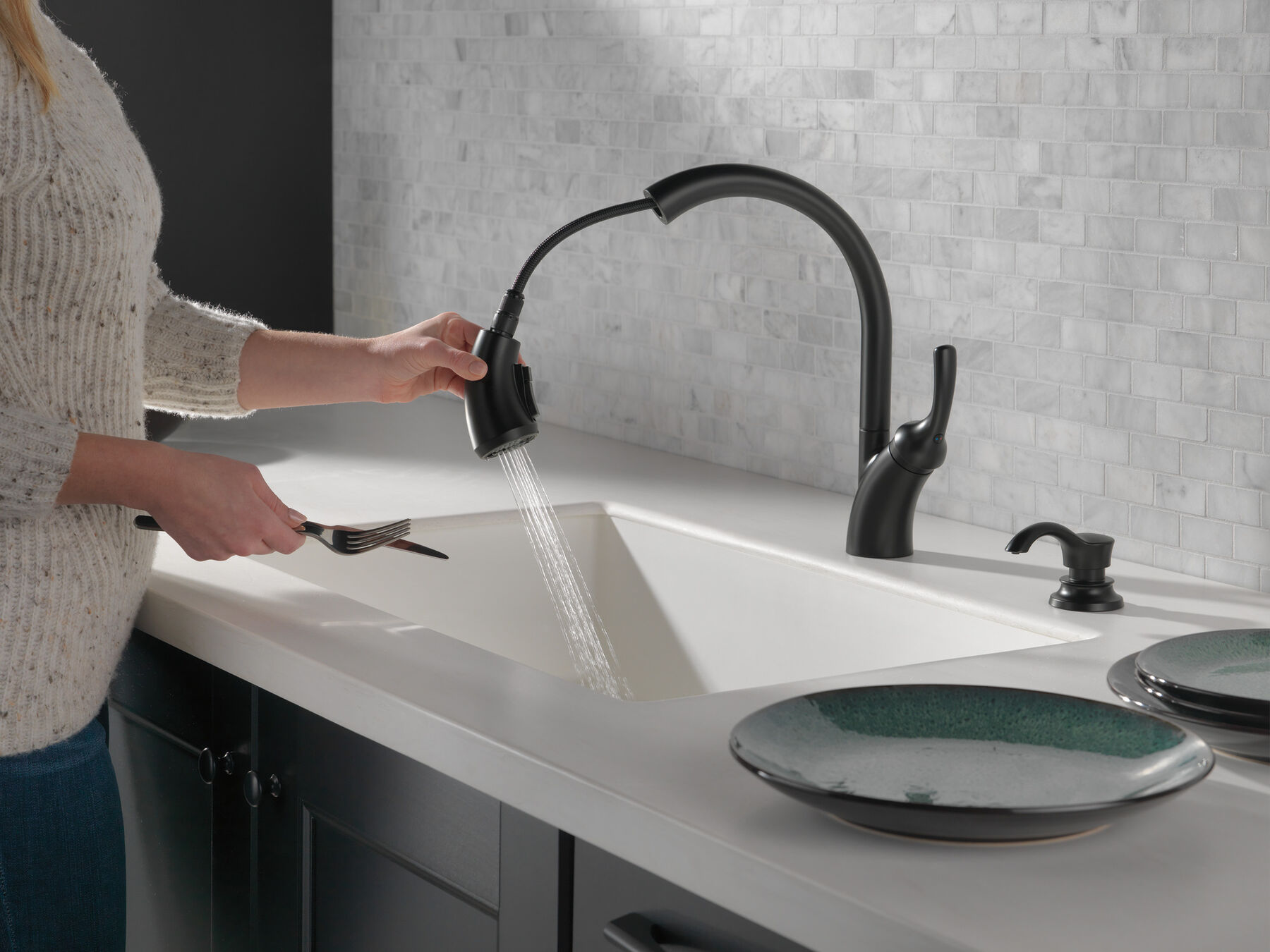 Single Handle Pull-Out Kitchen Faucet with Soap Dispenser and ShieldSpray &reg; Technology