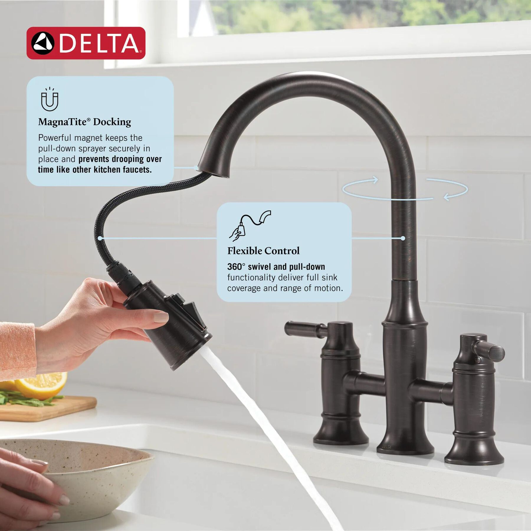 Two Handle Pull-Down Bridge Kitchen Faucet