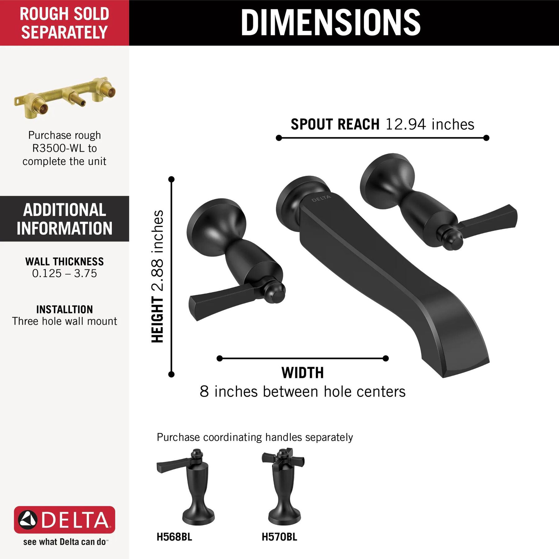 Two Handle Wall Mount Tub Filler - Less Handles