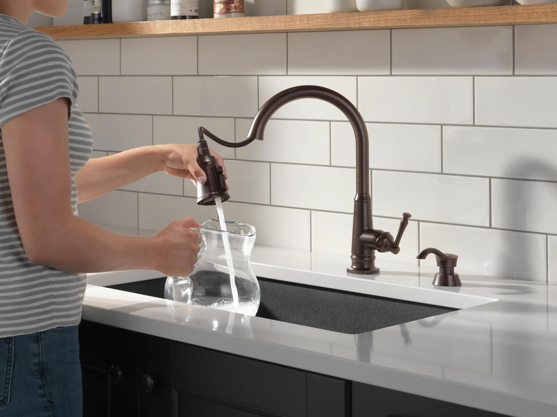 Single Handle Pull-Down Kitchen Faucet with Soap Dispenser and ShieldSpray Technology