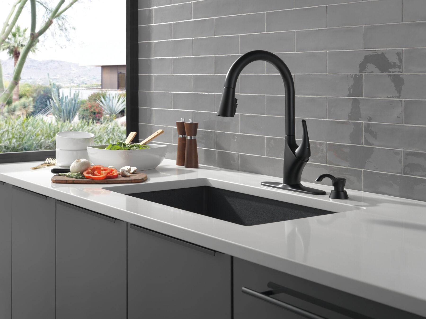 Single Handle Pull-Down Kitchen Faucet with Soap Dispenser and ShieldSpray Technology