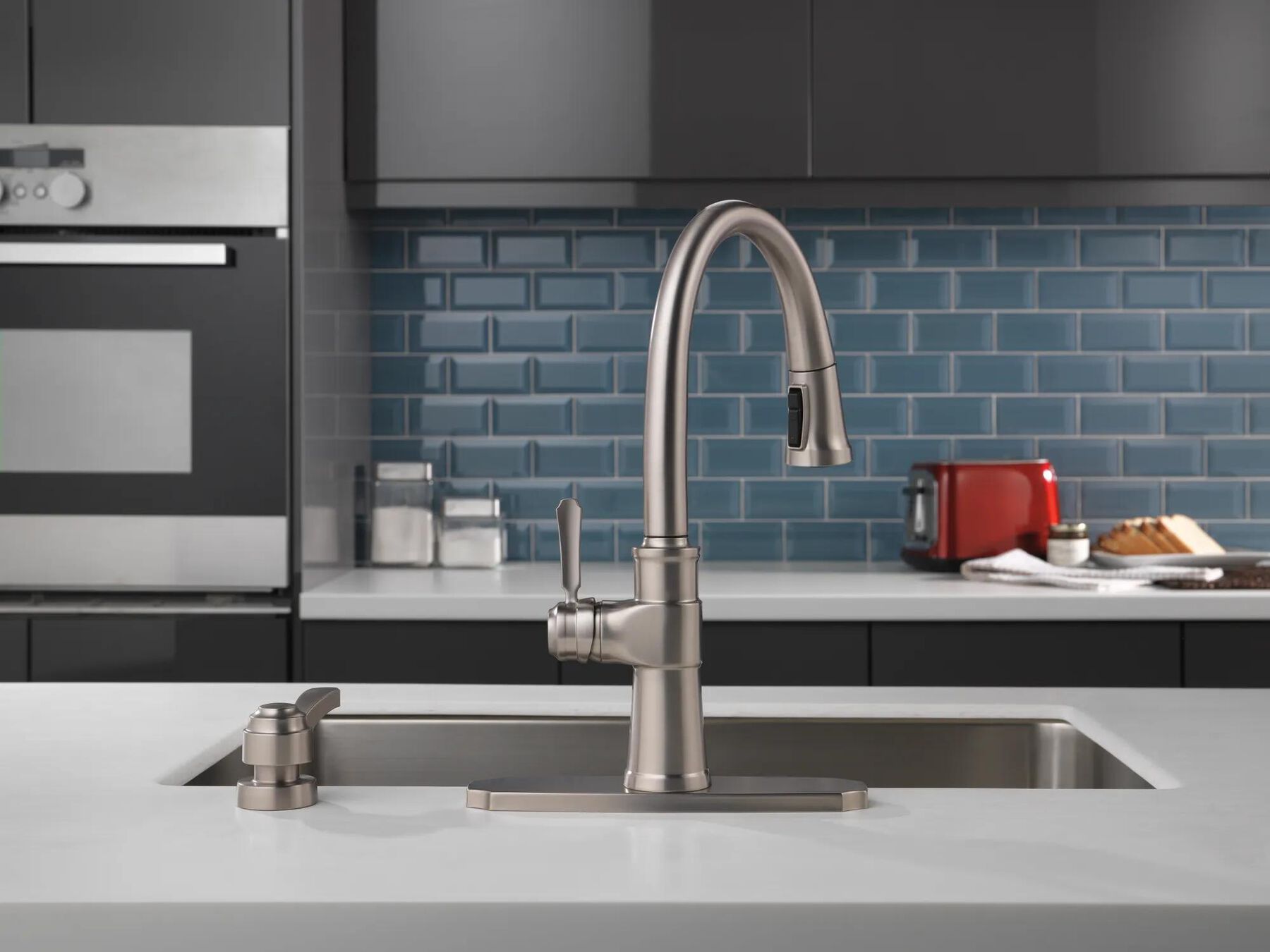 Single Handle Pull-Down Kitchen Faucet with Soap Dispenser and ShieldSpray&reg; Technology