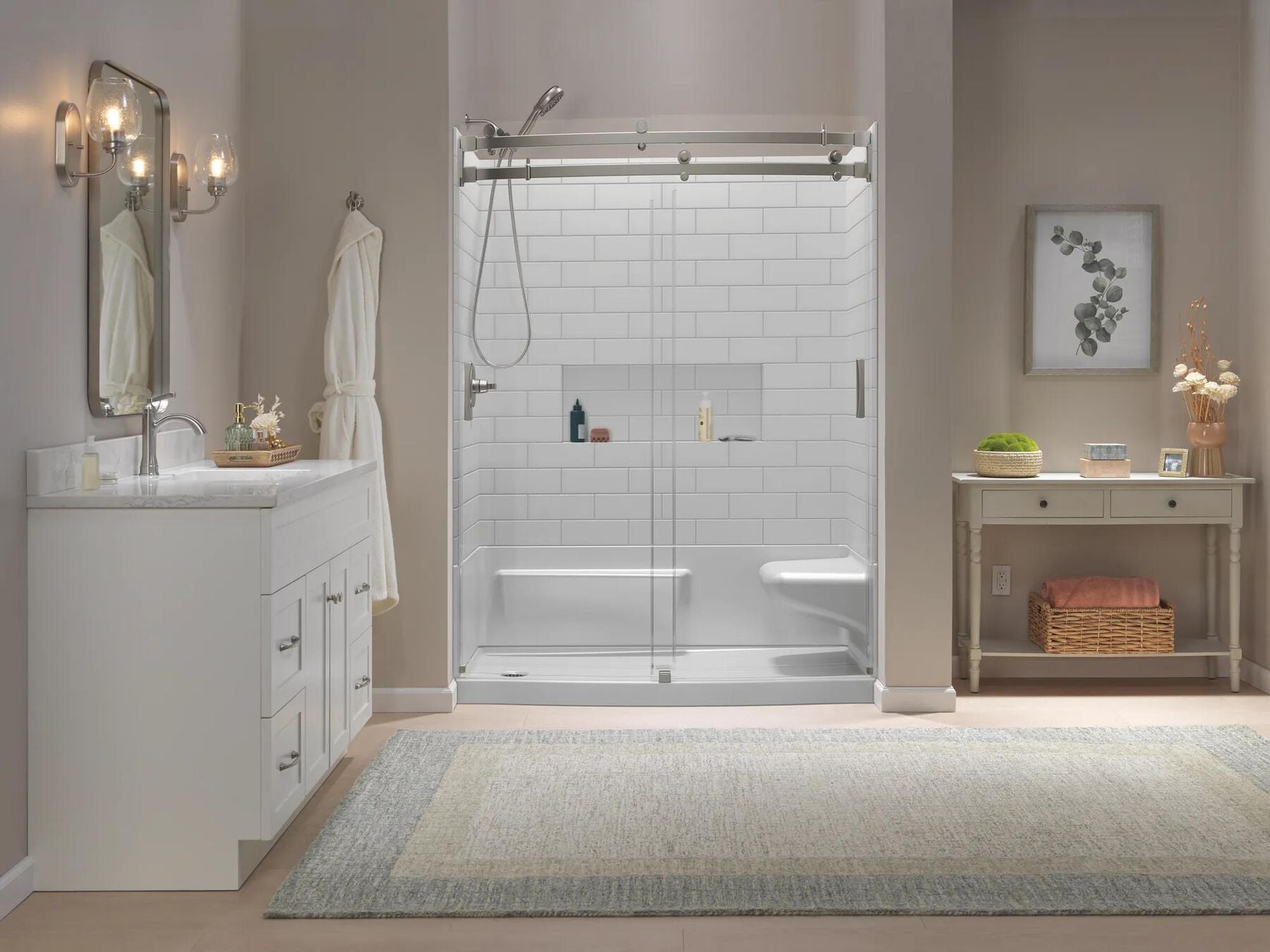60x32 Alcove Shower Base with Door Bundle - Right Seat Left Drain Curve