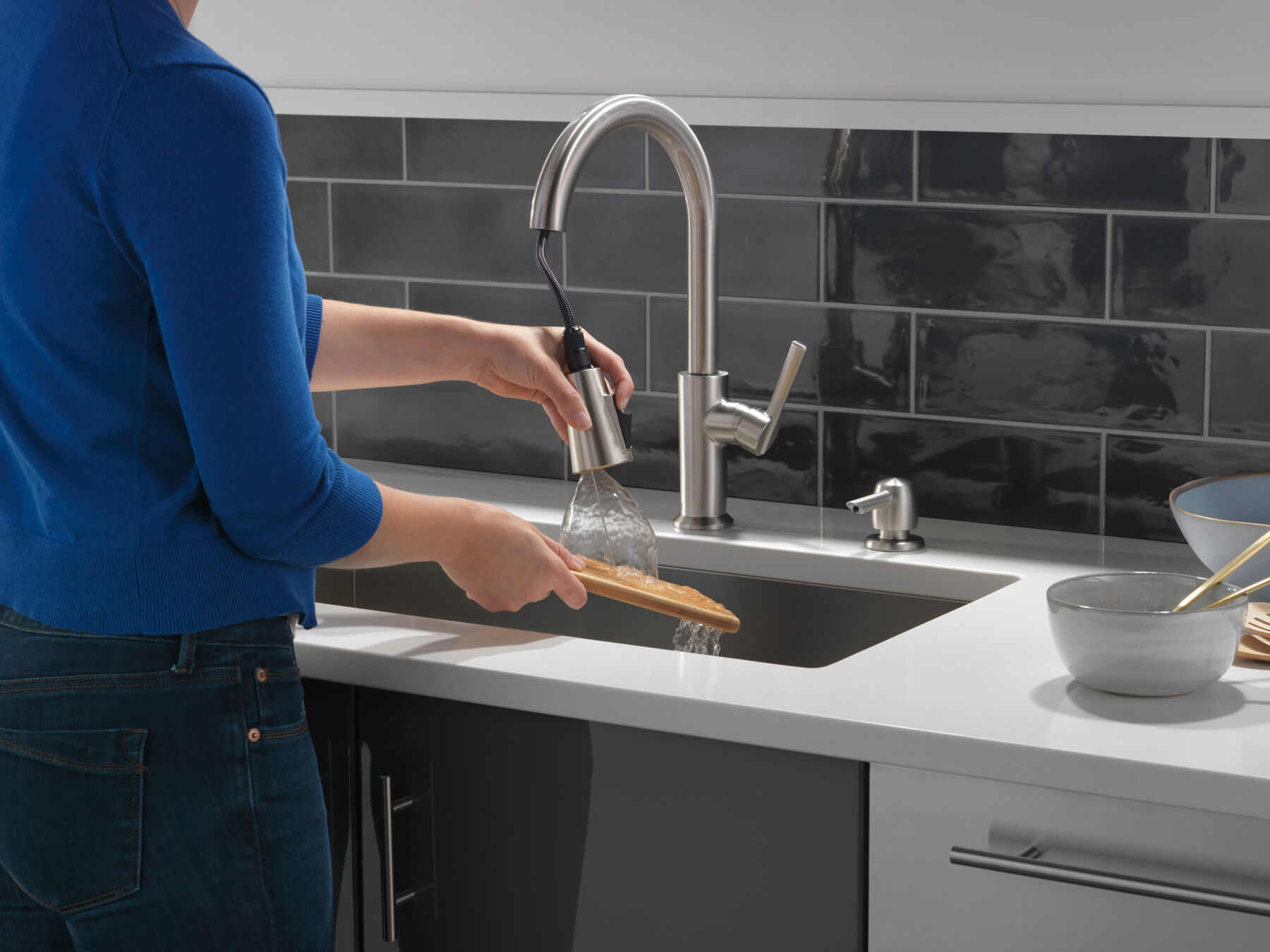 Single Handle Pull-Down Kitchen Faucet with Soap Dispenser and ShieldSpray Technology