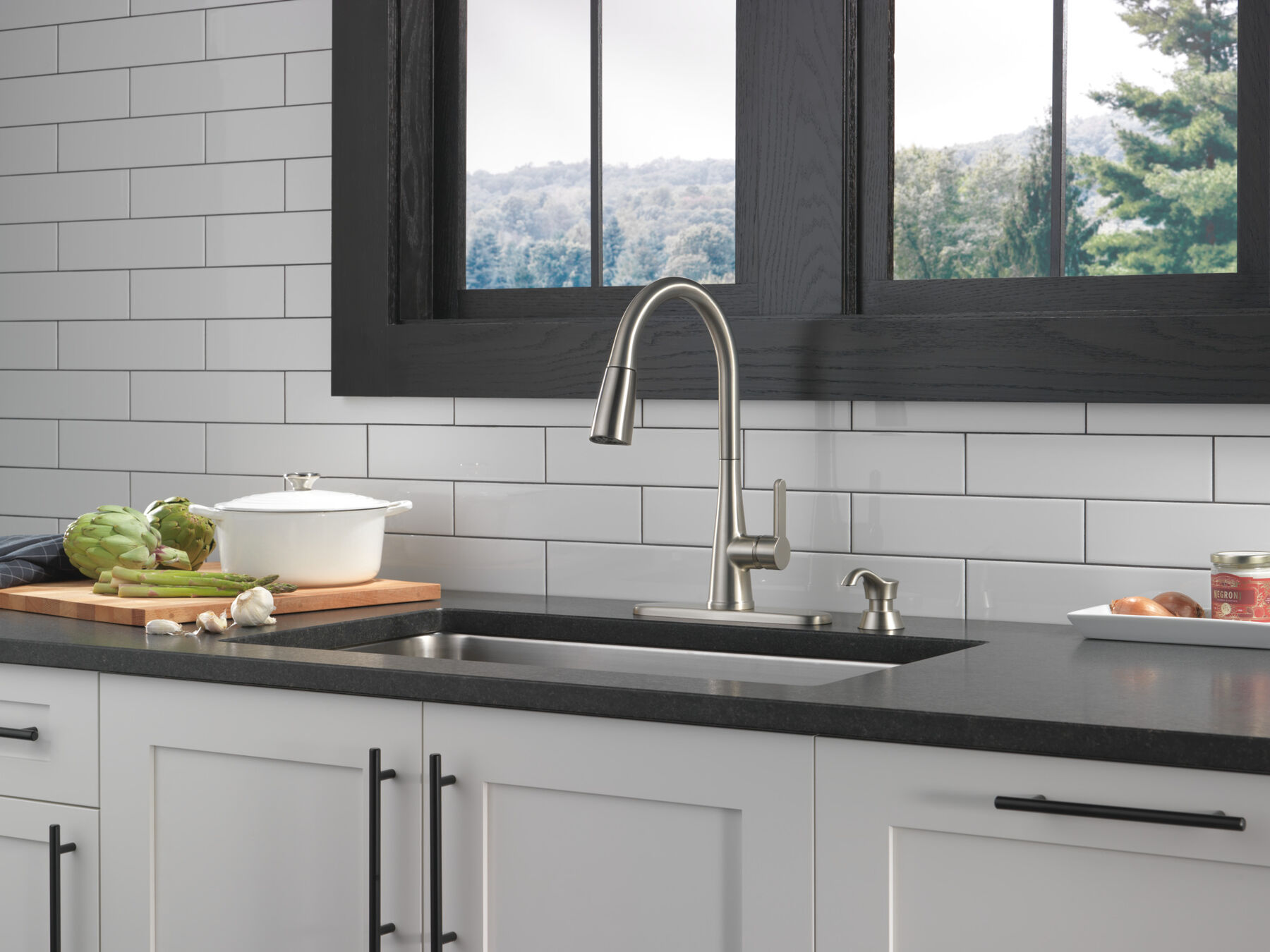 Single Handle Pull-Down Kitchen Faucet with Soap Dispenser and ShieldSpray&reg; Technology