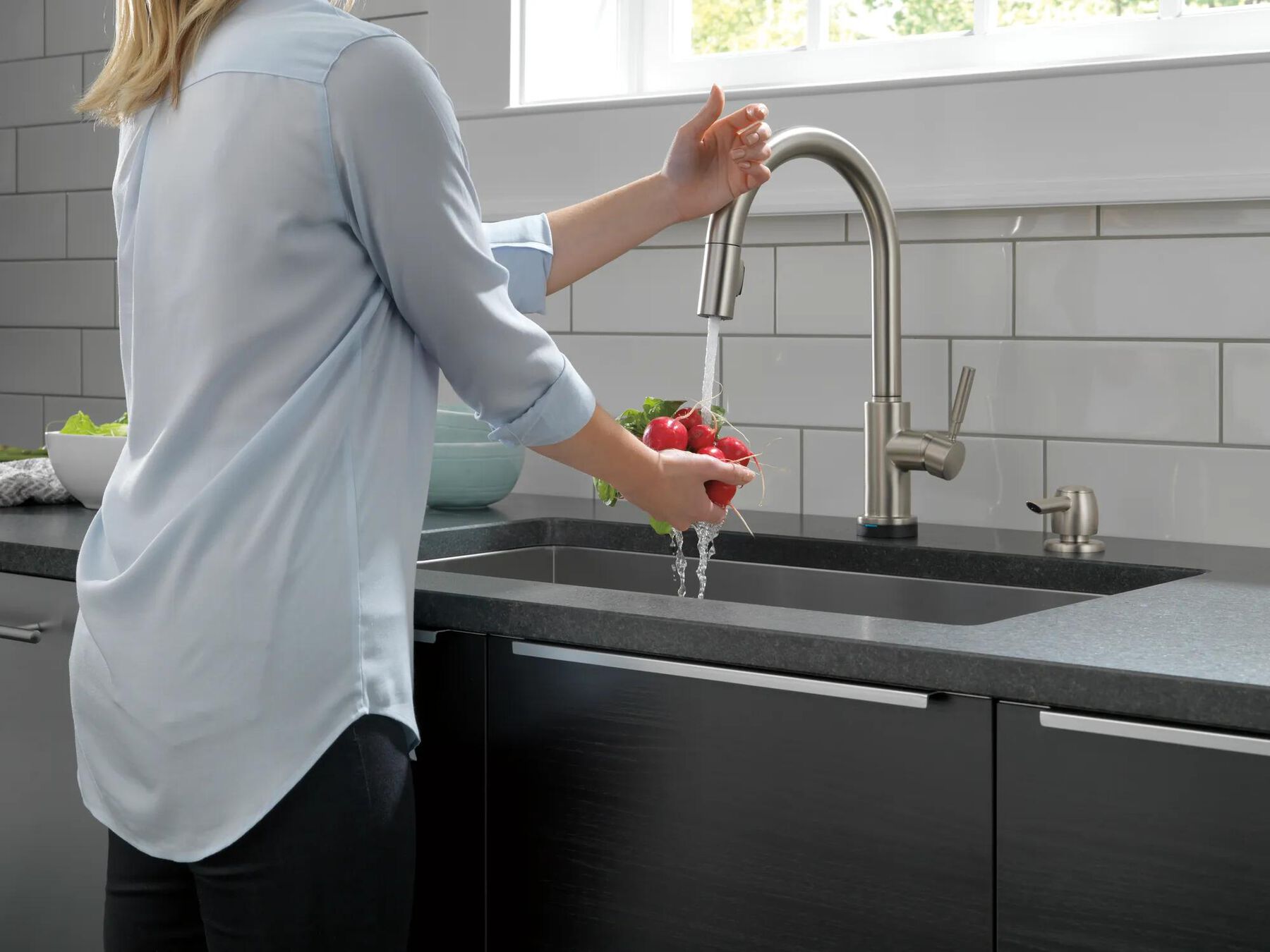 Single Handle Pull-Down Kitchen Faucet with Touch<sub>2</sub>O&reg; Technology Technology and Soap Dispenser