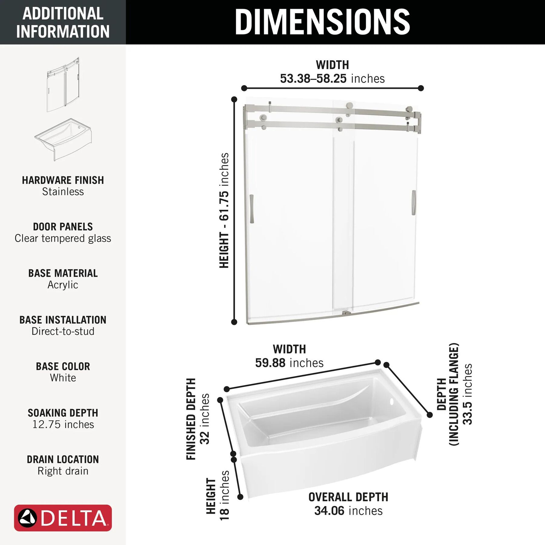 60x32 Alcove Bathtub with Door Bundle - Right Drain Curve
