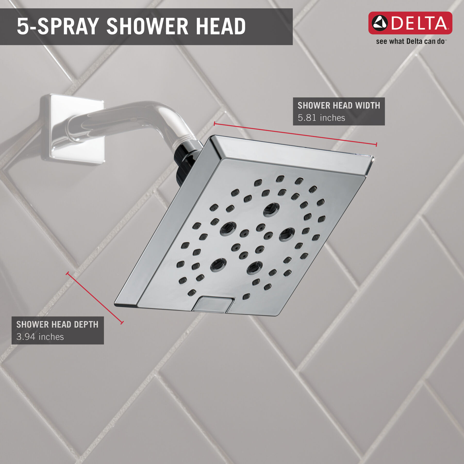 H<sub>2</sub>Okinetic&reg; 5-Setting Angular Modern Raincan Shower Head