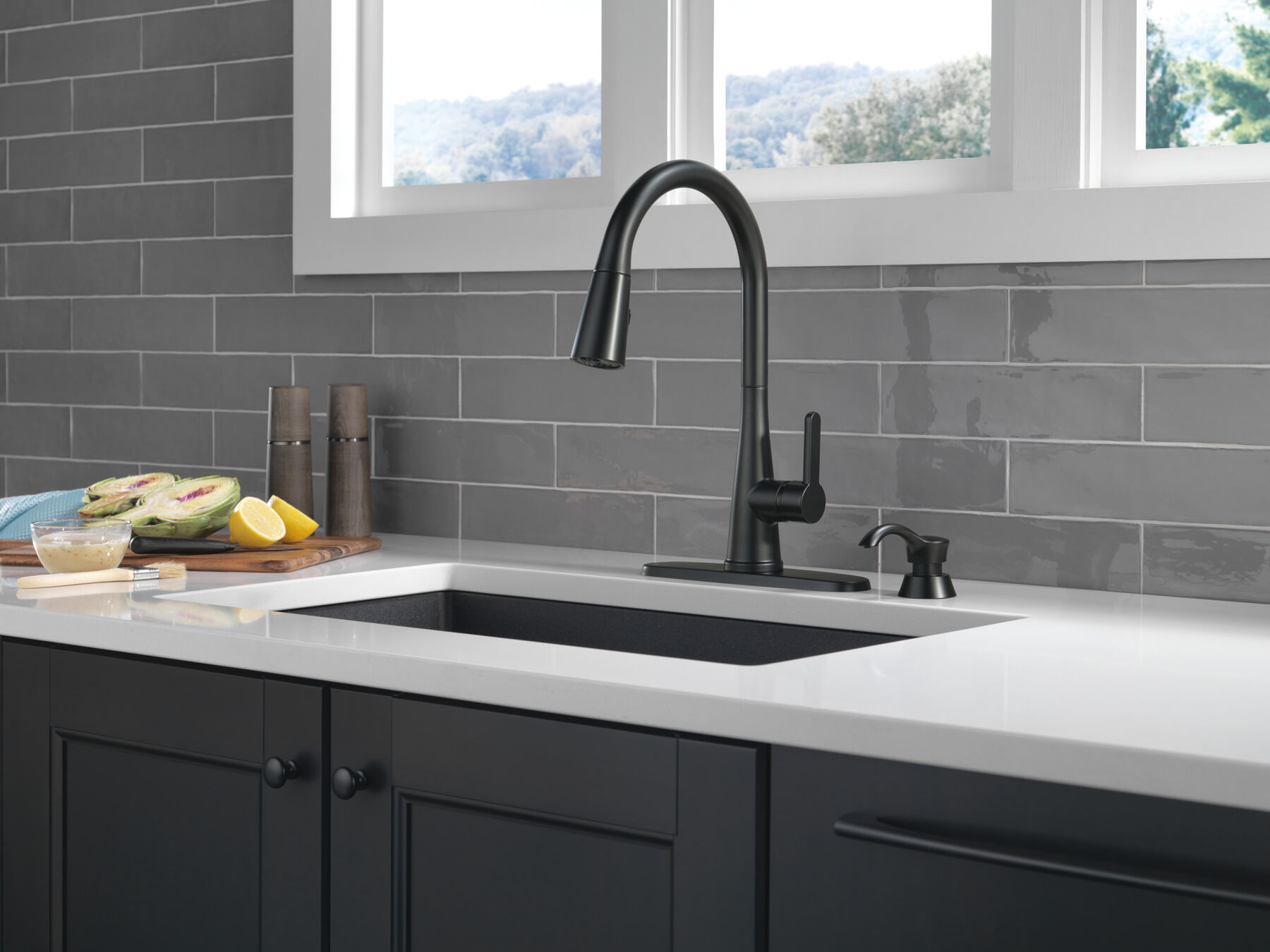 Single Handle Pull-Down Kitchen Faucet with Soap Dispenser and ShieldSpray&reg; Technology