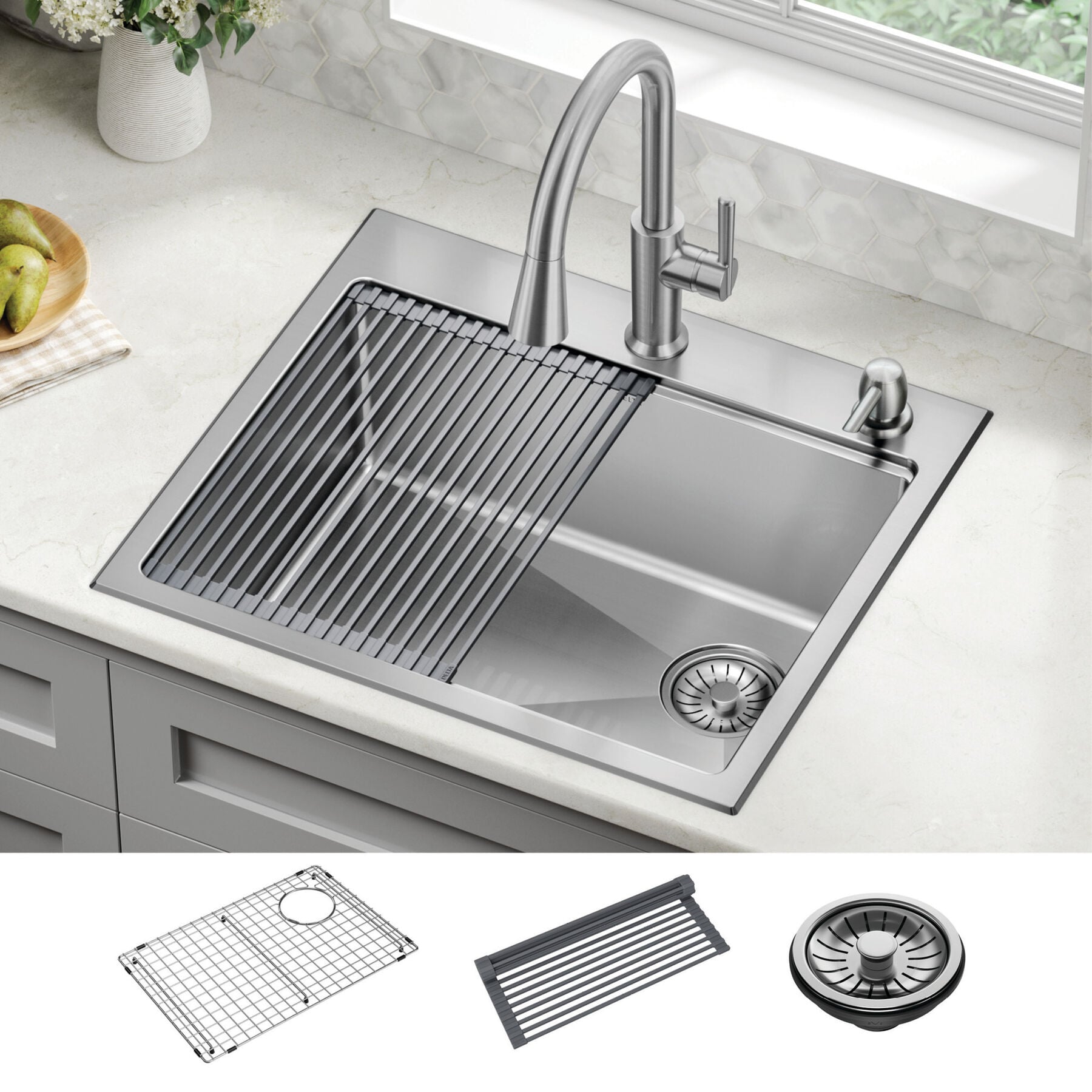 25&rdquo; Stainless Steel Workstation Kitchen Sink Drop-In Undermount Single Bowl with WorkFlow&trade; Ledge and Accessories