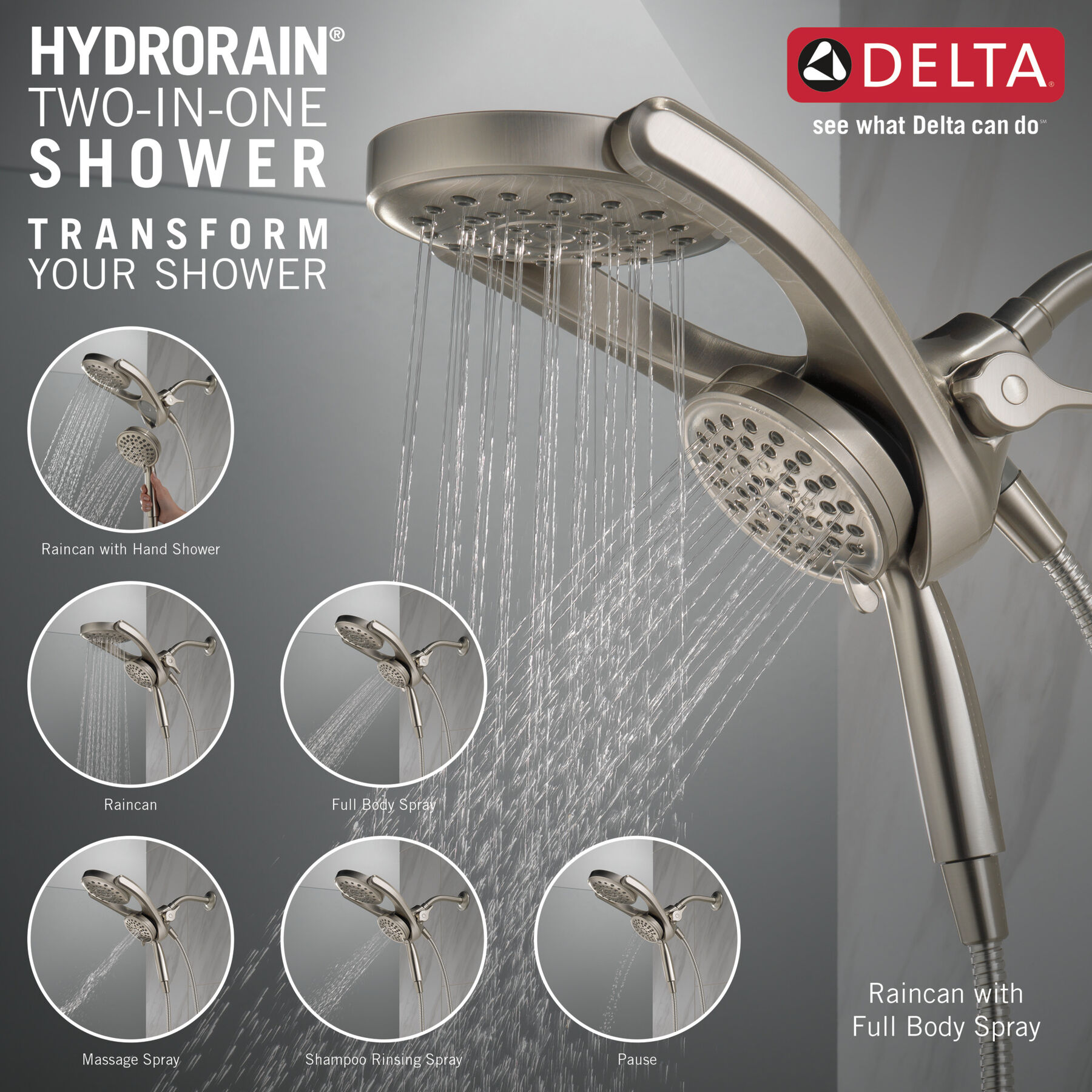 HydroRain&reg; 4-Setting Two-in-One Shower Head (Recertified)