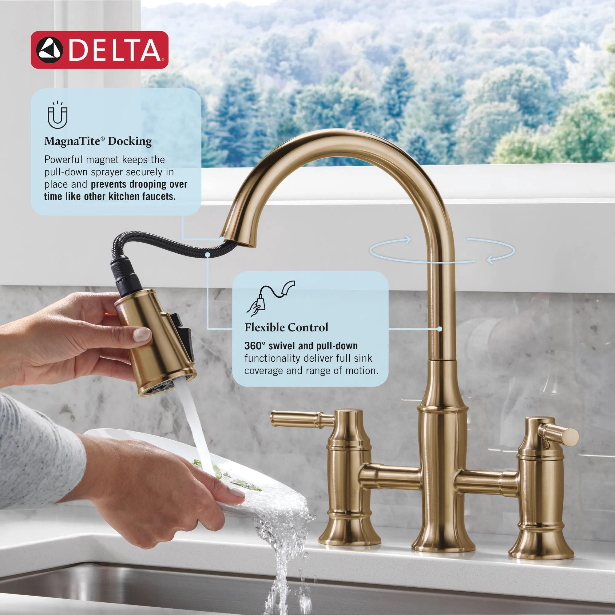 Two Handle Pull-Down Bridge Kitchen Faucet in Lumicoat® Champagne