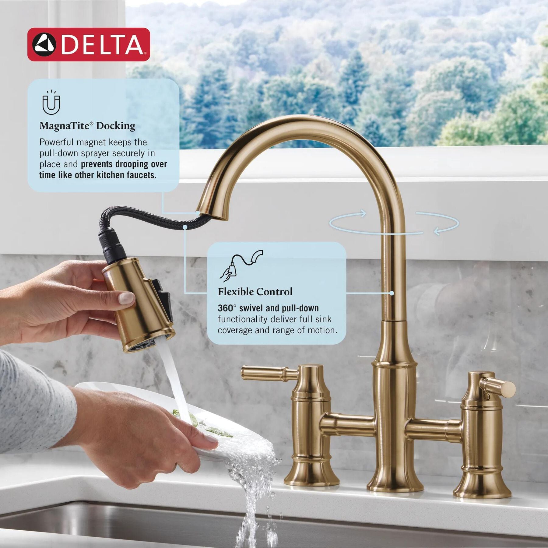 Two Handle Pull-Down Bridge Kitchen Faucet