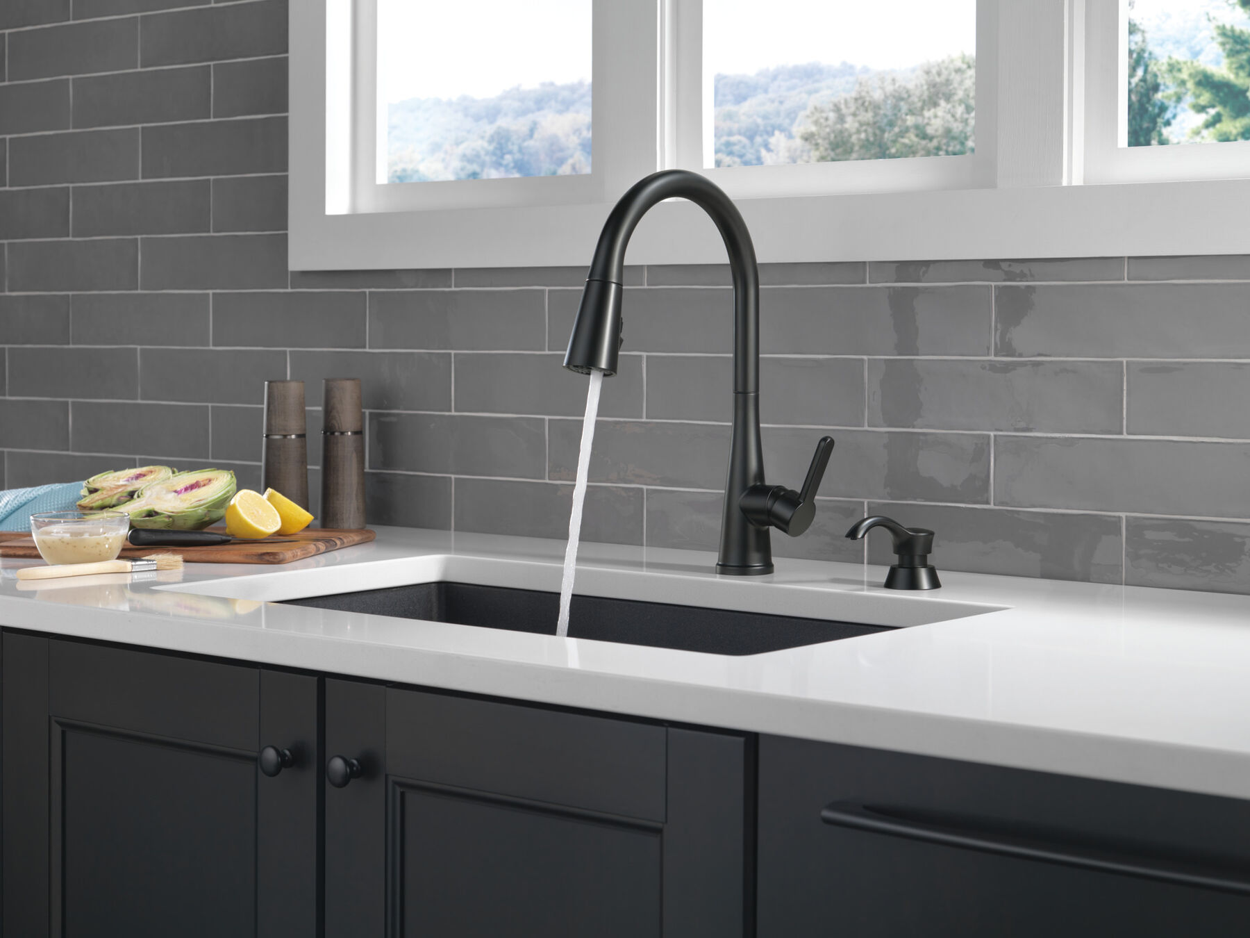 Single Handle Pull-Down Kitchen Faucet with Soap Dispenser and ShieldSpray&reg; Technology