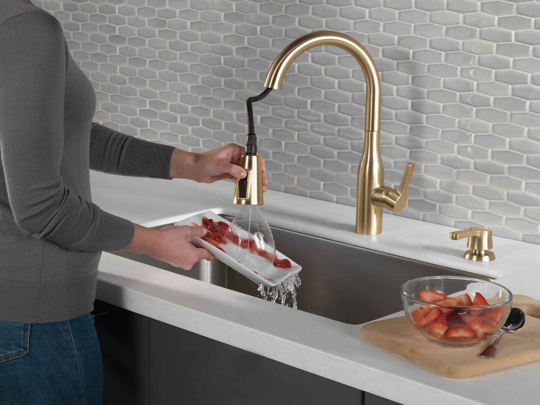 Single Handle Pull-Down Kitchen Faucet with Soap Dispenser and ShieldSpray&reg; Technology