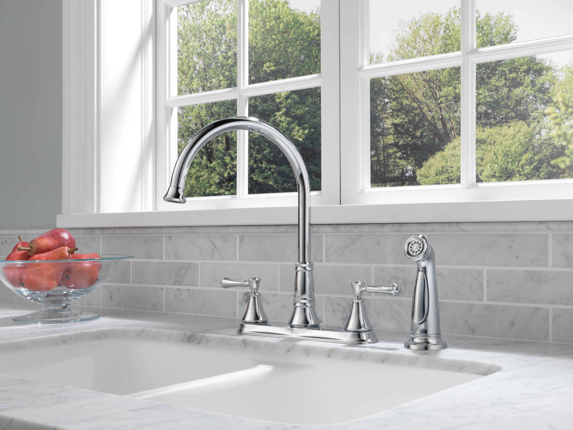 Two Handle Kitchen Faucet with Spray in Chrome 2497LF | Delta Faucet