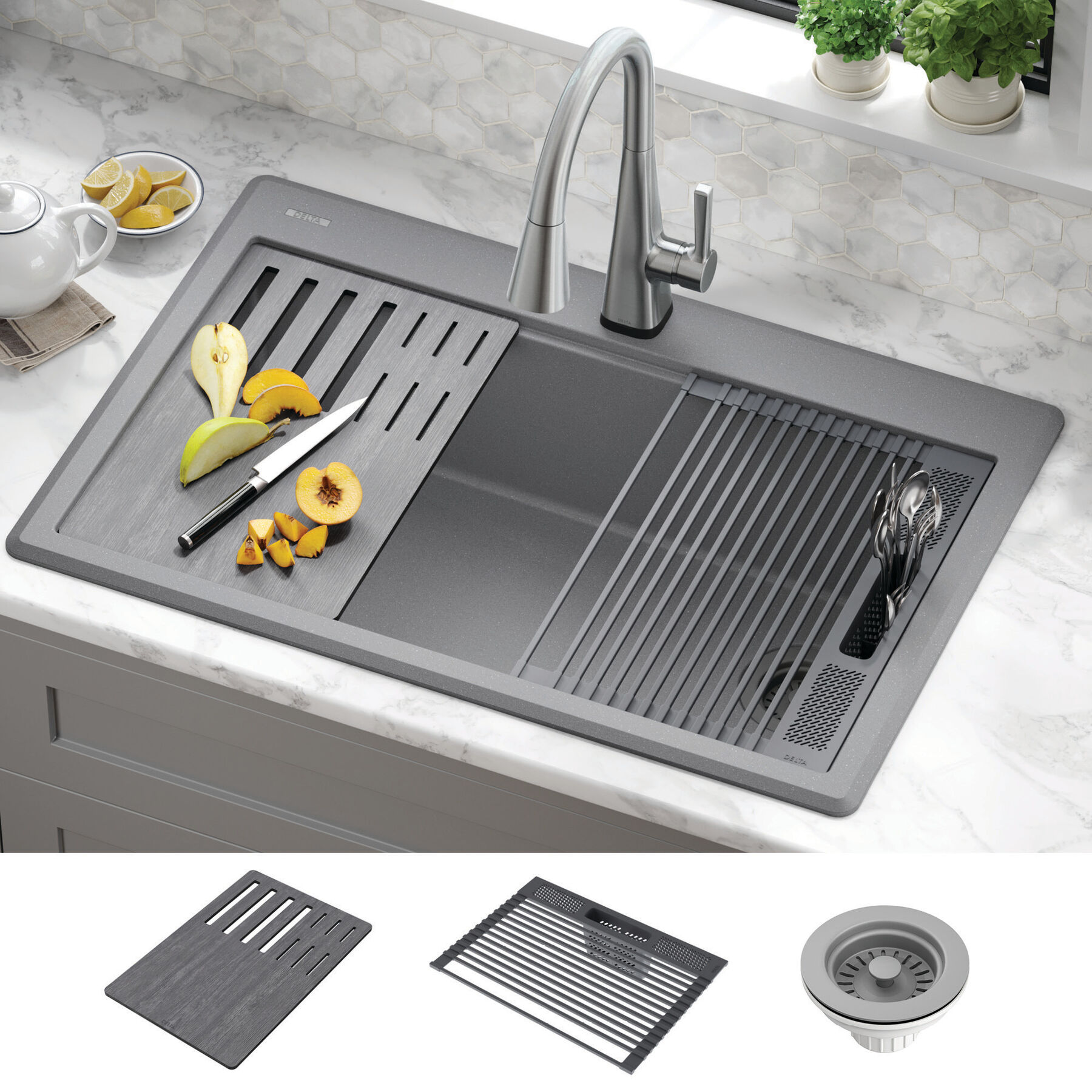 33&rdquo; Granite Composite Workstation Kitchen Sink Drop-In Top Mount Single Bowl with WorkFlow&trade; Ledge and Accessories in Dark Grey