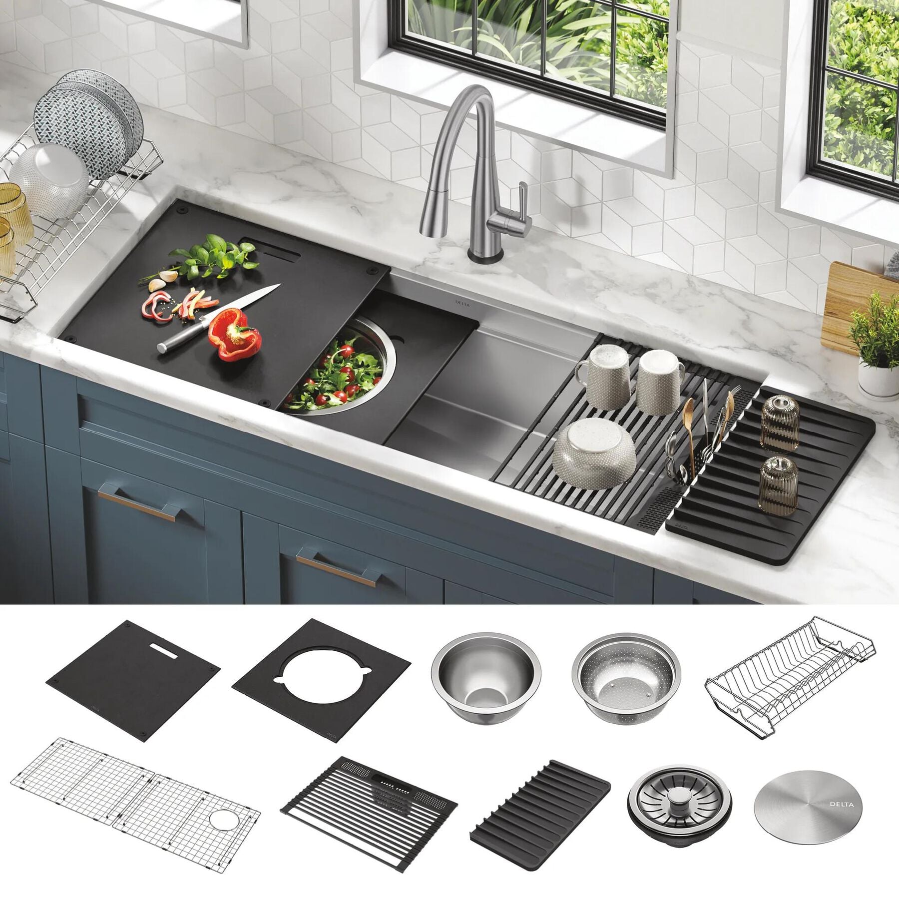 45&rdquo; Workstation Undermount Single Bowl 16 Gauge Stainless Steel Kitchen Sink with 2-Tier&nbsp;WorkFlow&trade; Ledge and Accessories