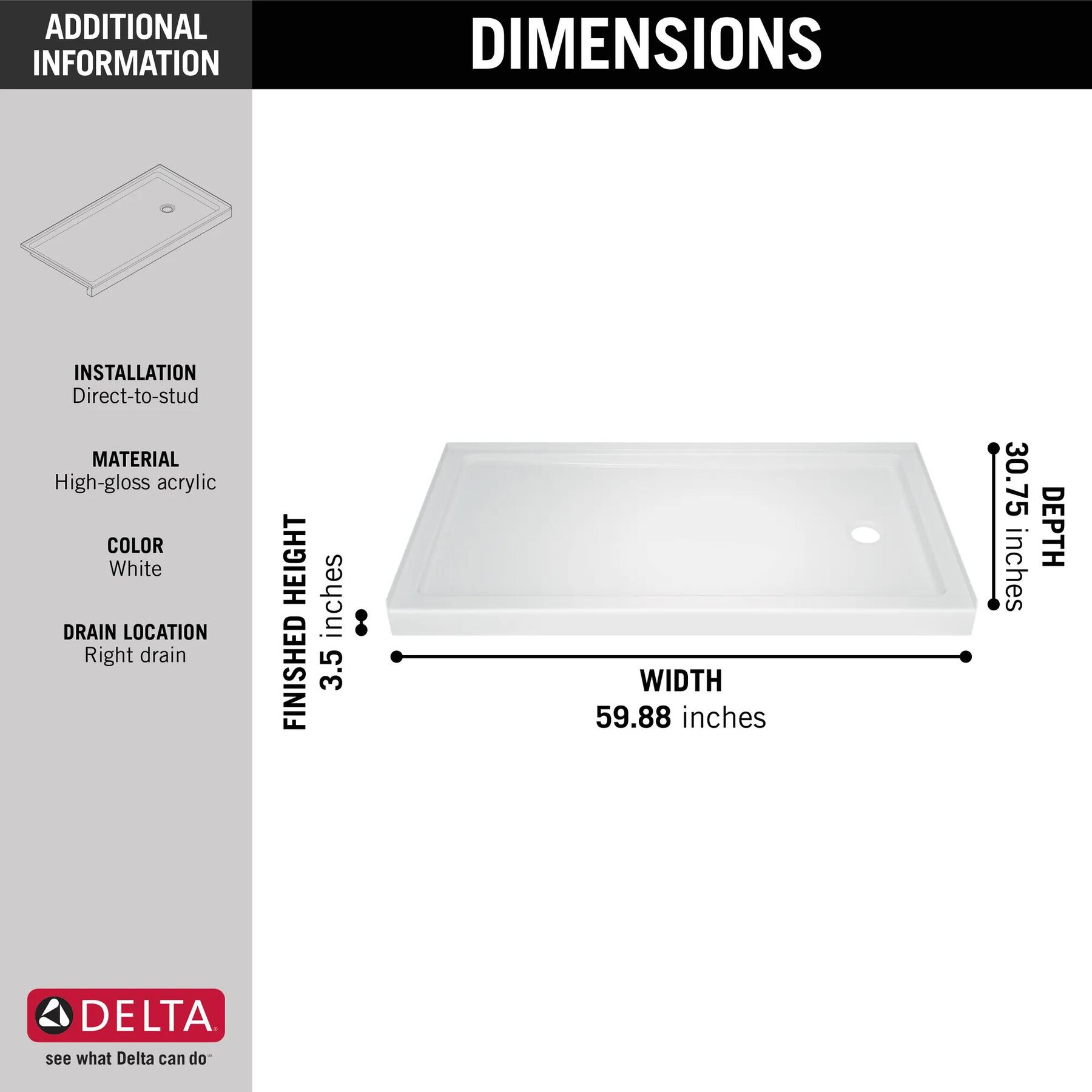 60" x 32" Shower Base - Right Drain