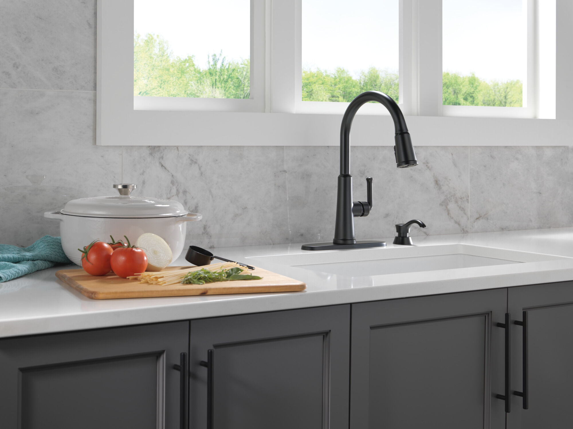Single Handle Pull-Down Kitchen Faucet with Soap Dispenser and