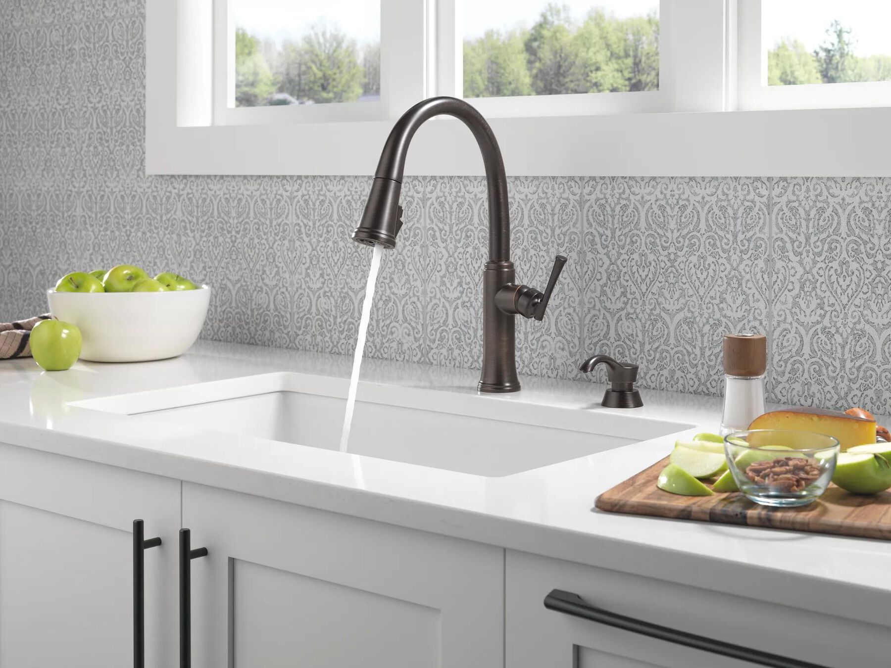 Single Handle Pull-Down Kitchen Faucet with Soap Dispenser and ShieldSpray Technology