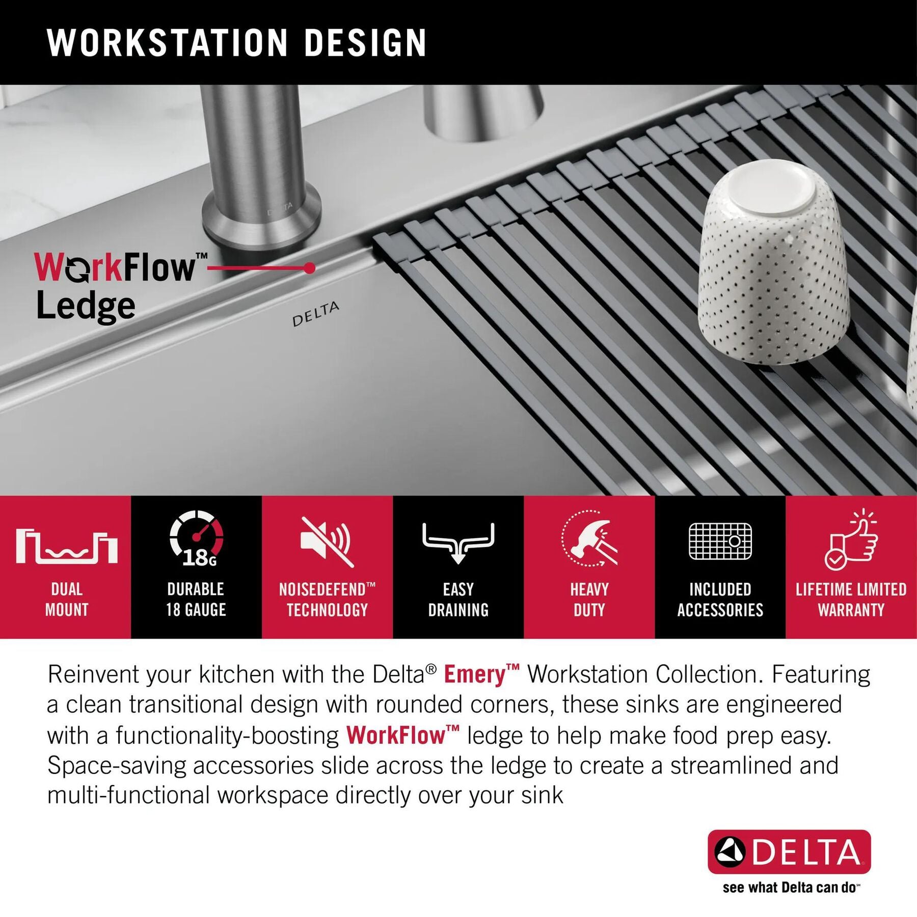 25&rdquo; Stainless Steel Workstation Kitchen Sink Drop-In Undermount Single Bowl with WorkFlow&trade; Ledge and Accessories