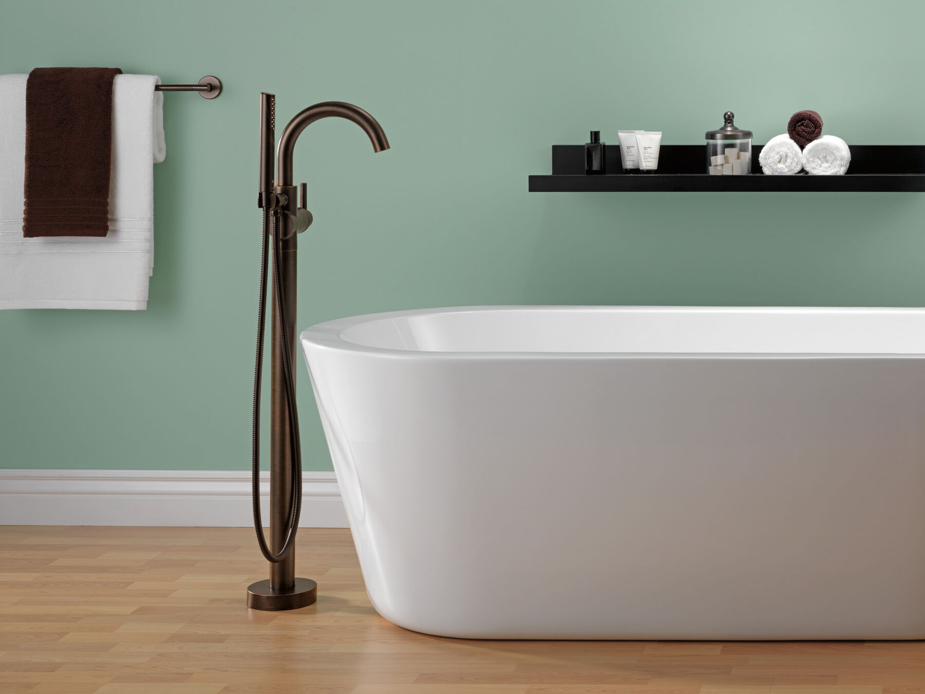 Single Handle Floor Mount Tub Filler Trim with Hand Shower