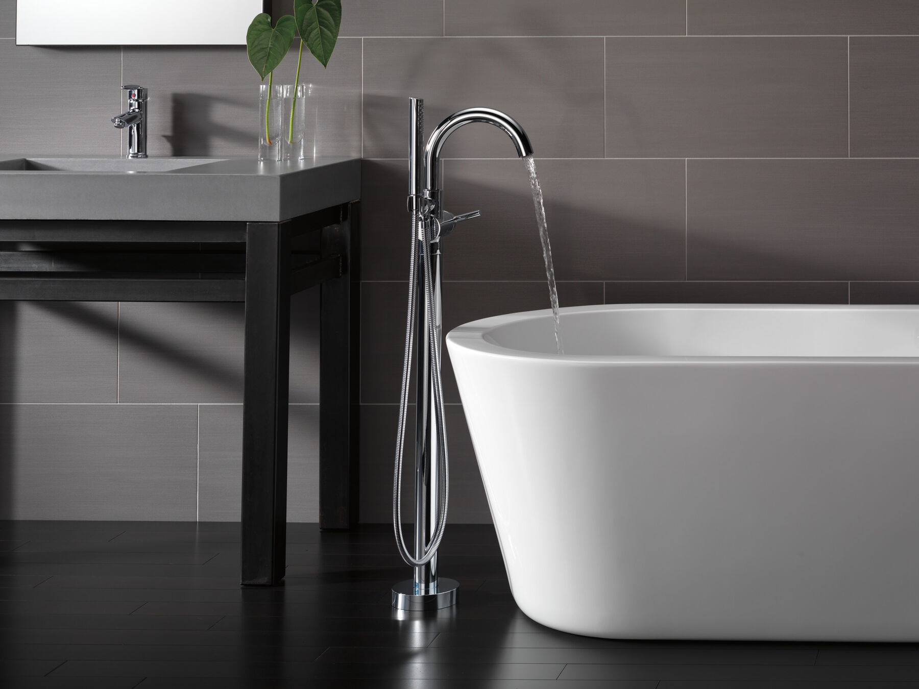 Single Handle Floor Mount Tub Filler Trim with Hand Shower
