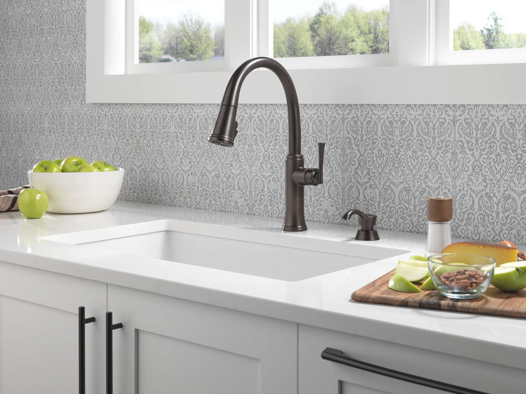 Single Handle Pull-Down Kitchen Faucet with Soap Dispenser and ShieldSpray Technology
