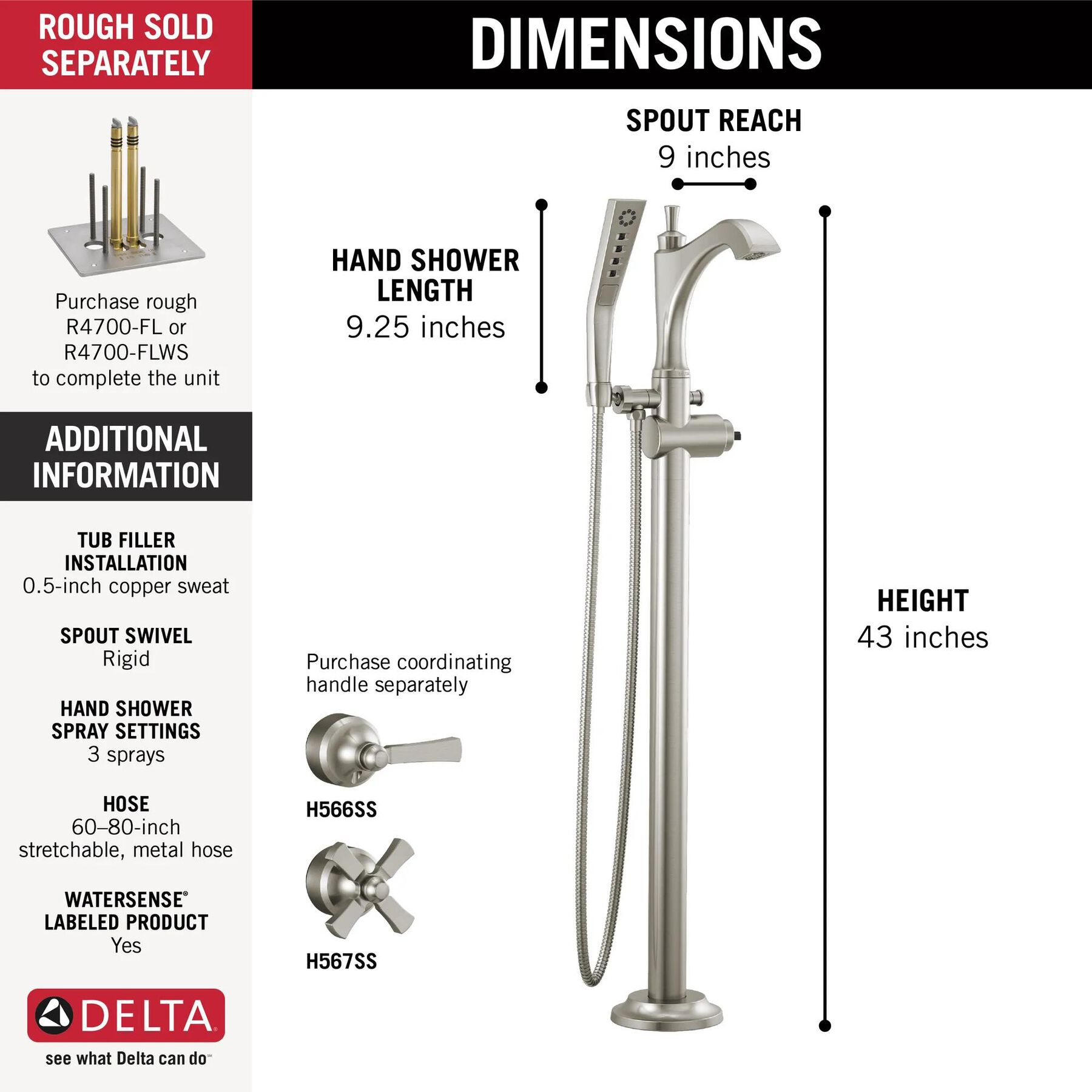 Single Handle Floor Mount Tub Filler Trim - Less Handle
