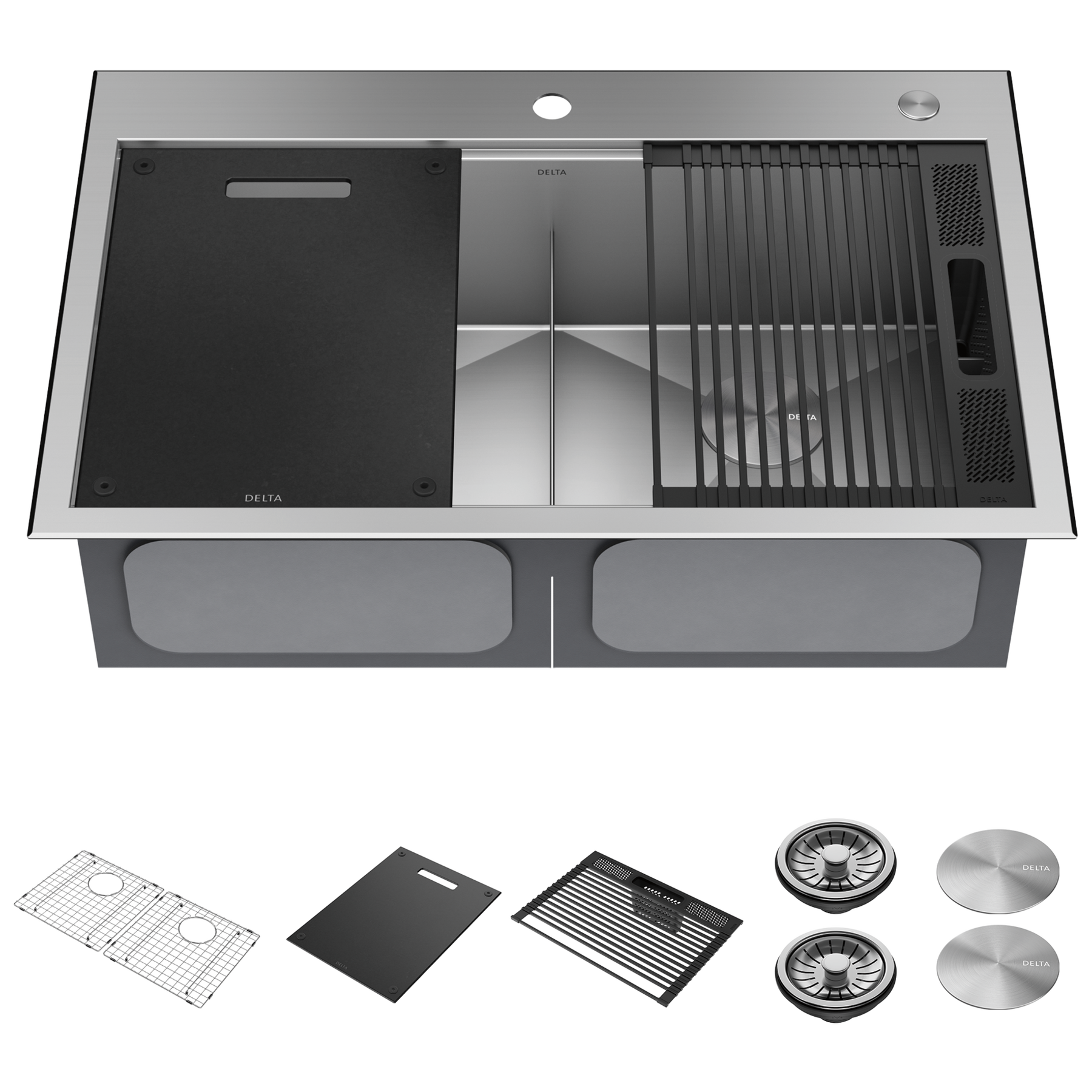 33&rdquo; Workstation Kitchen Sink&nbsp;Drop-In Top Mount&nbsp;16 Gauge&nbsp;Stainless Steel 50/50 Double Bowl with&nbsp;WorkFlow&trade; Ledge&nbsp;and Accessories
