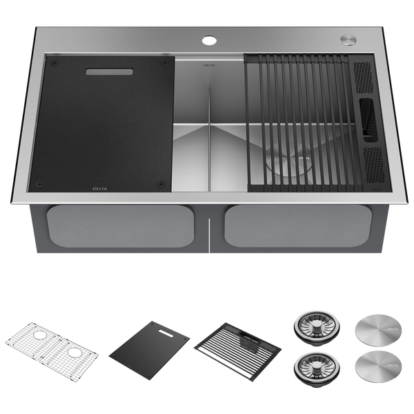 33&rdquo; Workstation Kitchen Sink&nbsp;Drop-In Top Mount&nbsp;16 Gauge&nbsp;Stainless Steel 50/50 Double Bowl with&nbsp;WorkFlow&trade; Ledge&nbsp;and Accessories