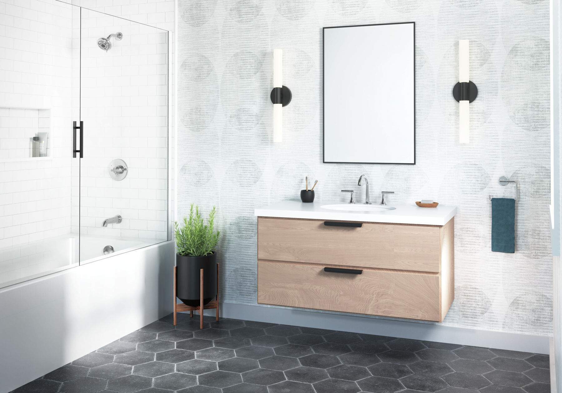 Widespread Lavatory Faucet with 14 Series Tub Shower Trim and Rough Bundle