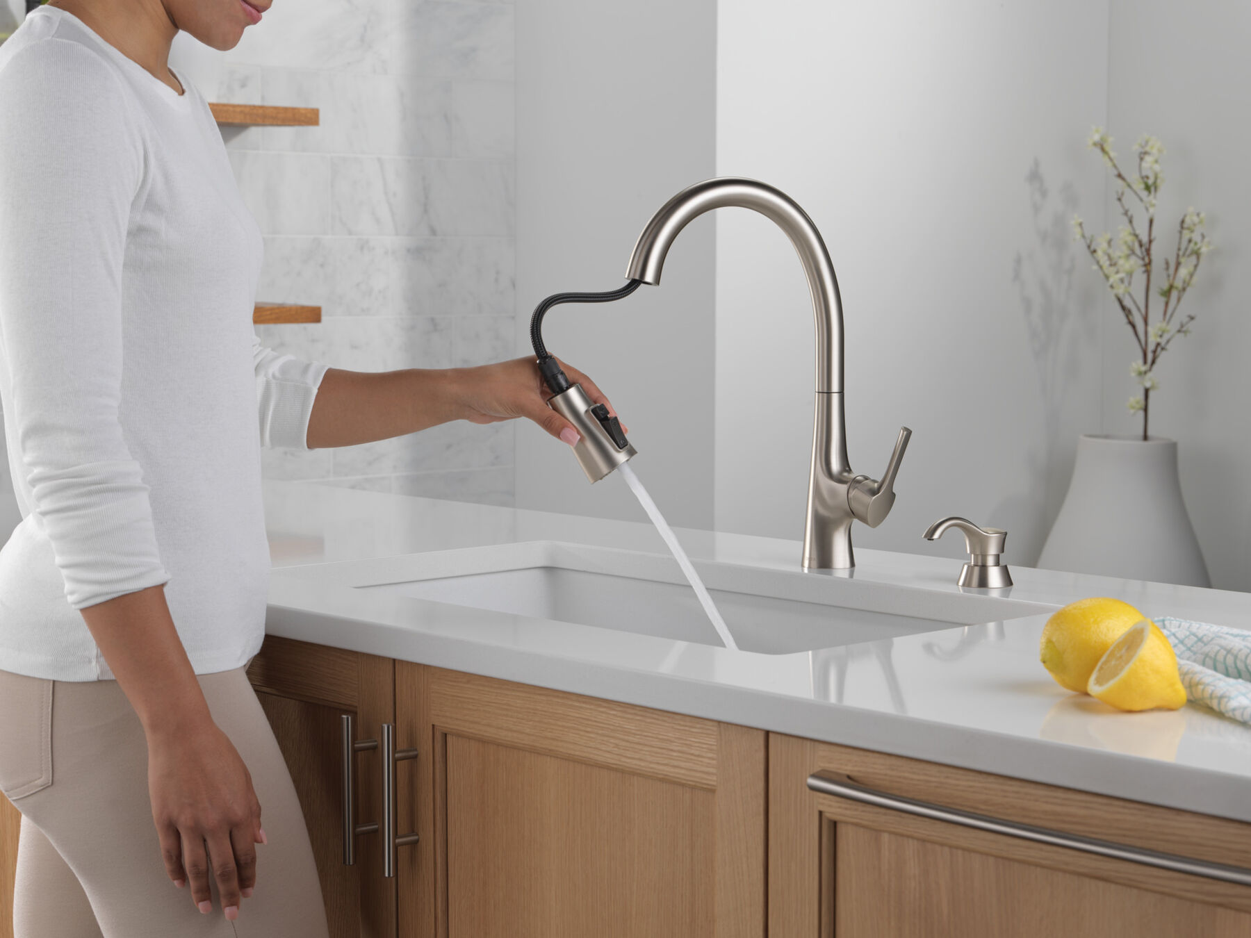 Single Handle Pull-Down Kitchen Faucet with Soap Dispenser and ShieldSpray Technology