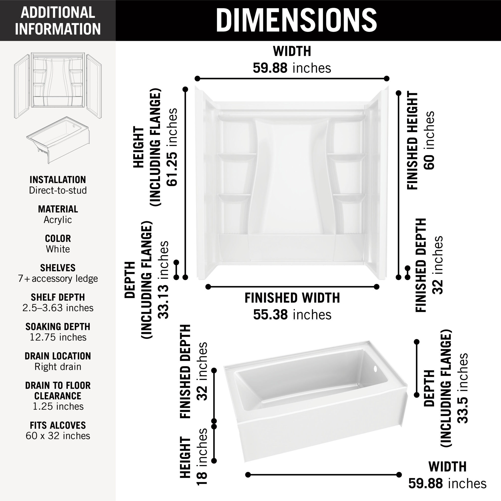 CPH　530WH M/Lサイズ 60x32 Alcove Bathtub Bundle - Right in High Gloss White BVS2-C522