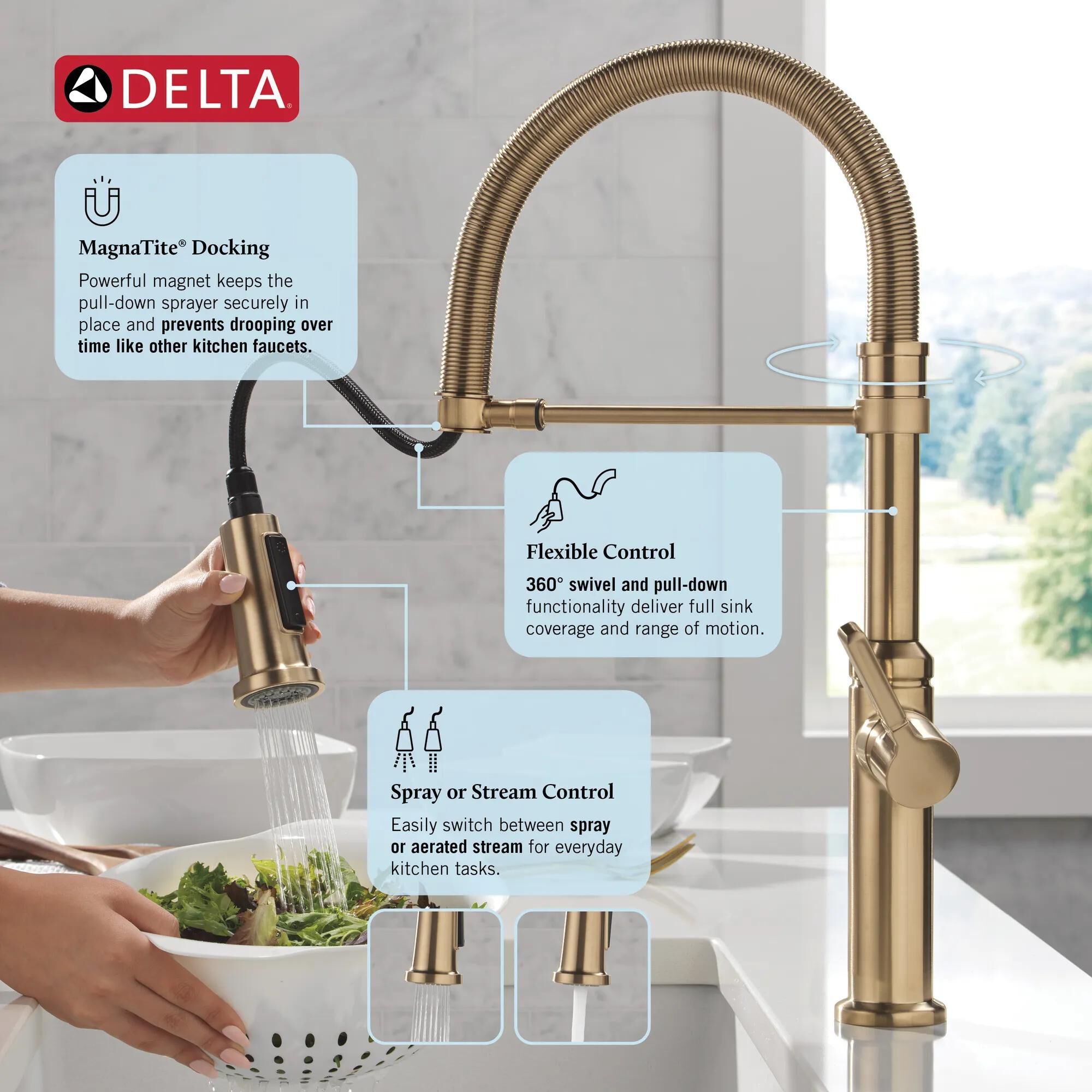 Single Handle Pull-Down Spring Kitchen Faucet in Champagne Bronze