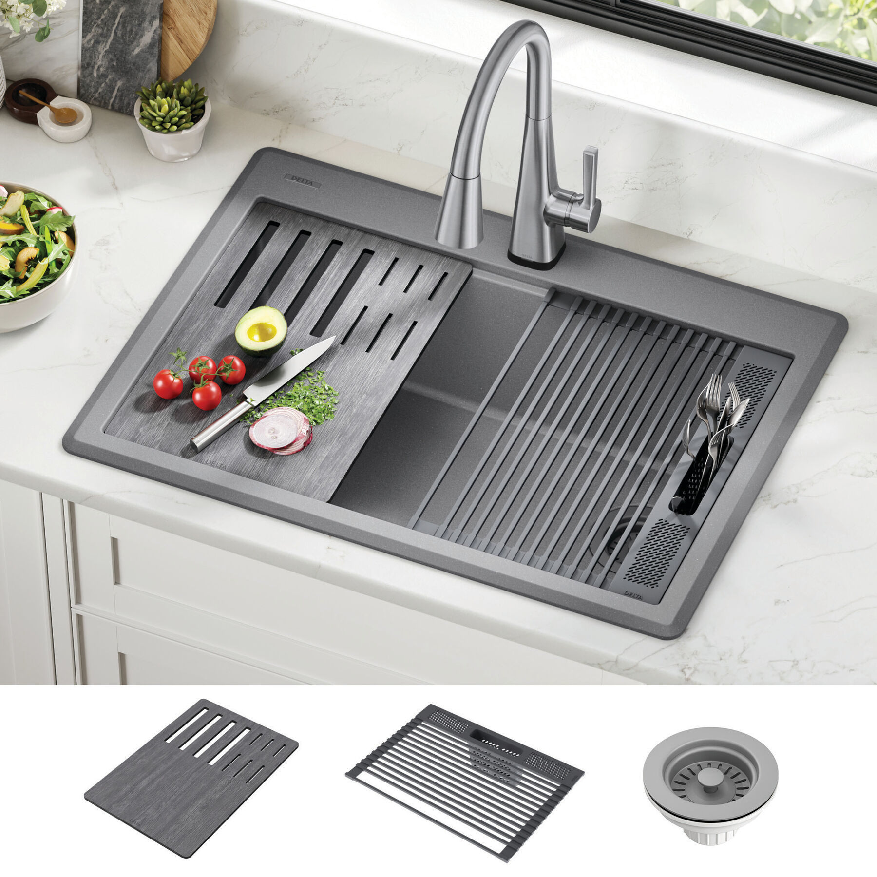 30&rdquo; Granite Composite Workstation Kitchen Sink Drop-In Top Mount Single Bowl with WorkFlow&trade; Ledge and Accessories in Dark Grey