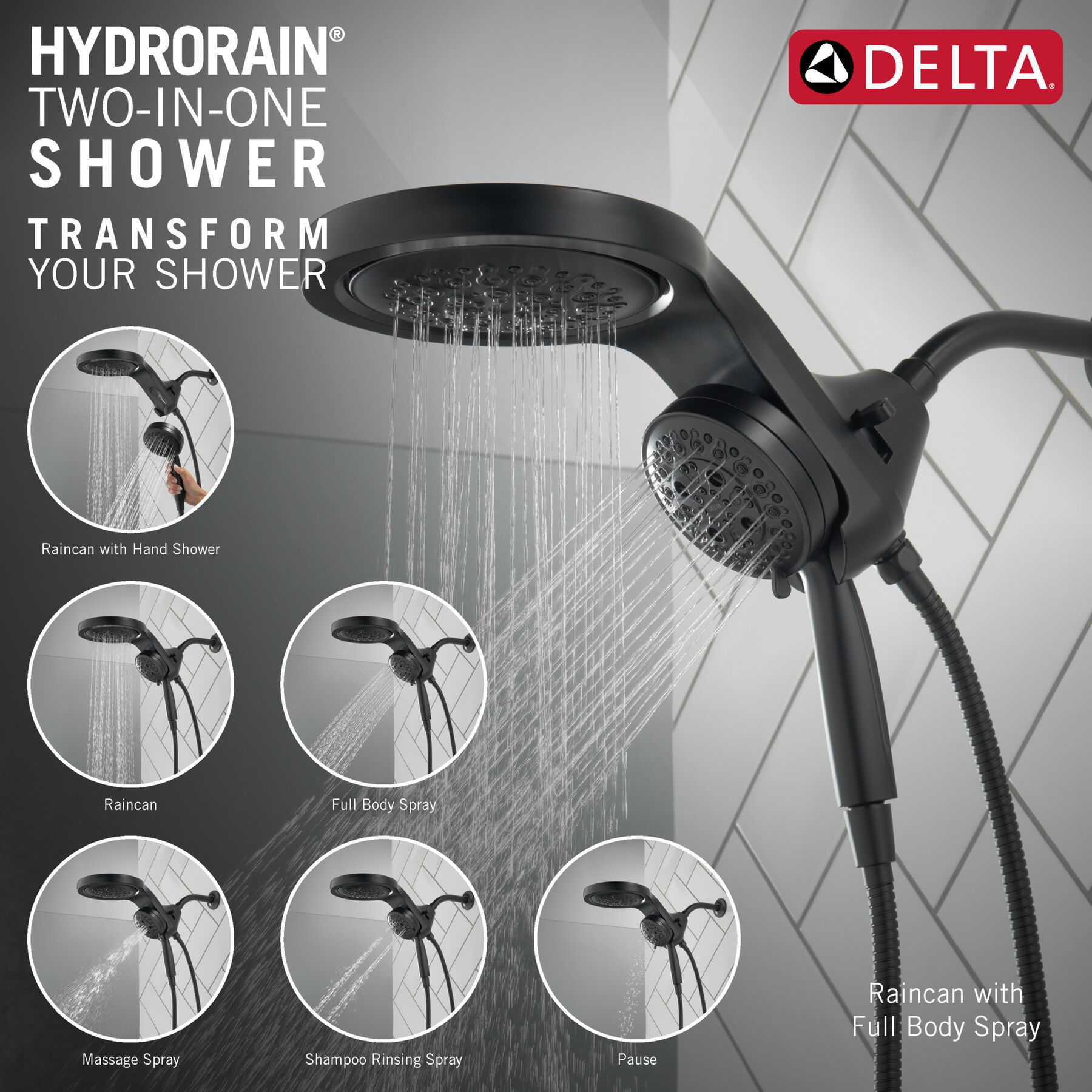 HydroRain&reg; H<sub>2</sub>Okinetic&reg; 5-Setting Two-in-One Shower Head