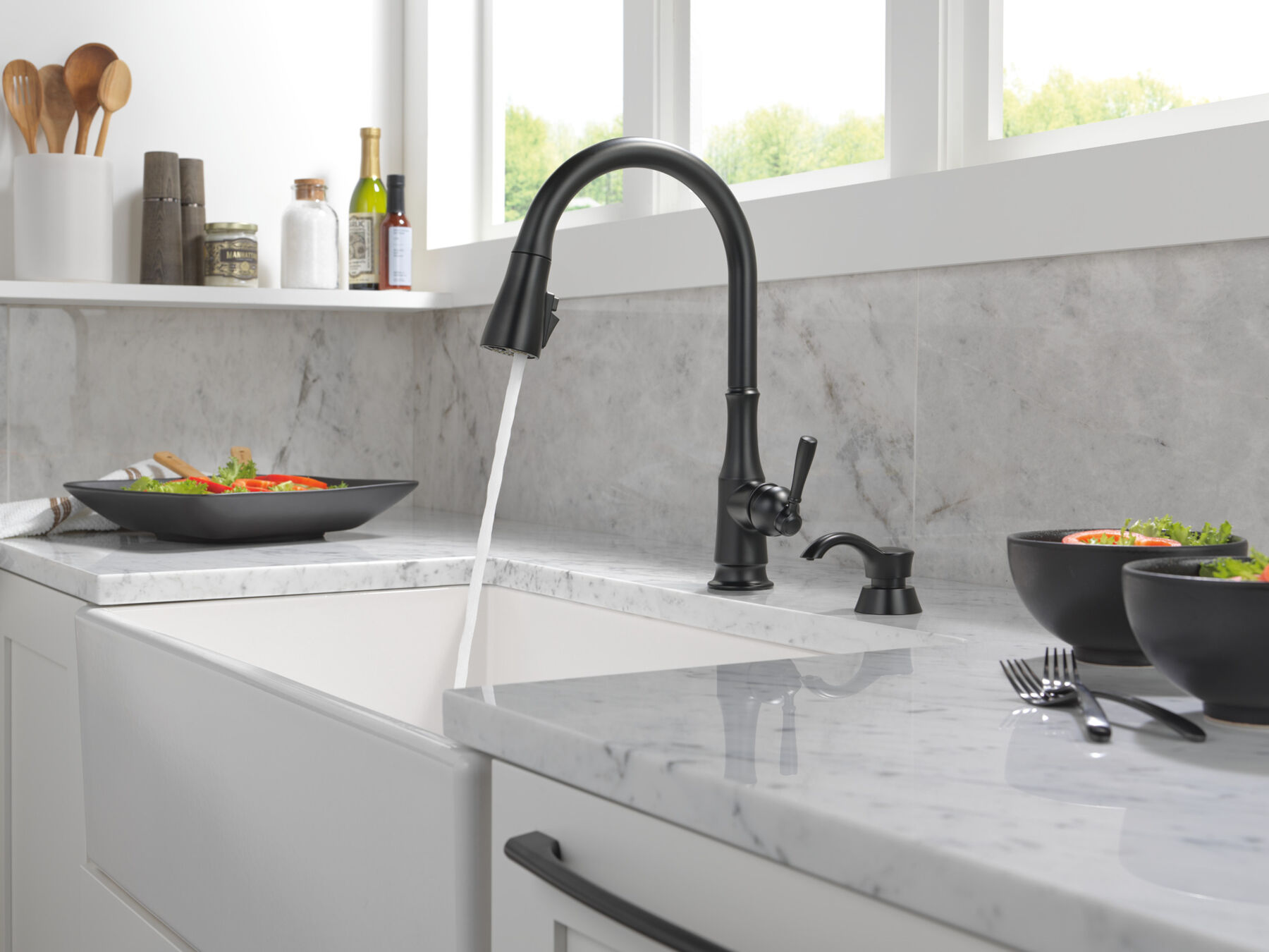Single Handle Pull-Down Kitchen Faucet with Soap Dispenser and ShieldSpray Technology