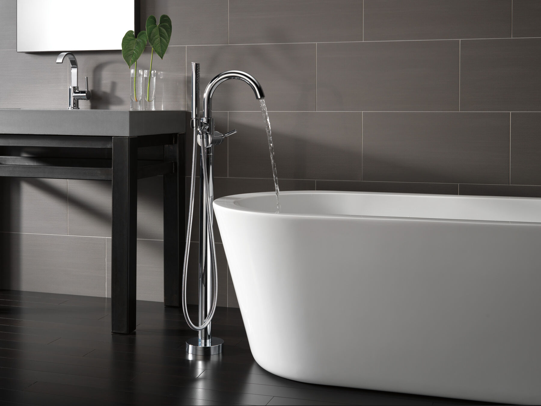 Single Handle Floor Mount Tub Filler Trim with Hand Shower