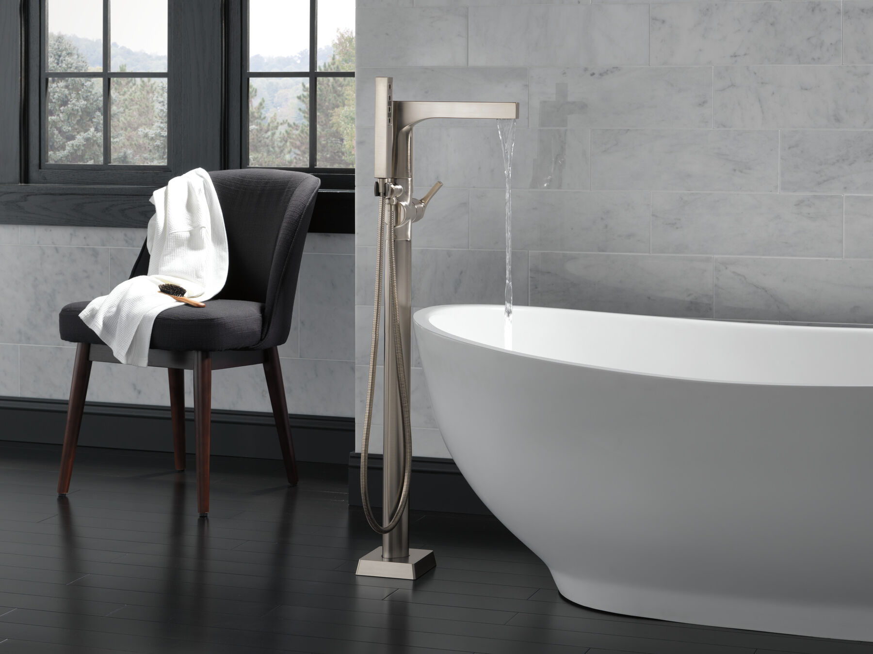 Single Handle Floor Mount Tub Filler Trim with Hand Shower