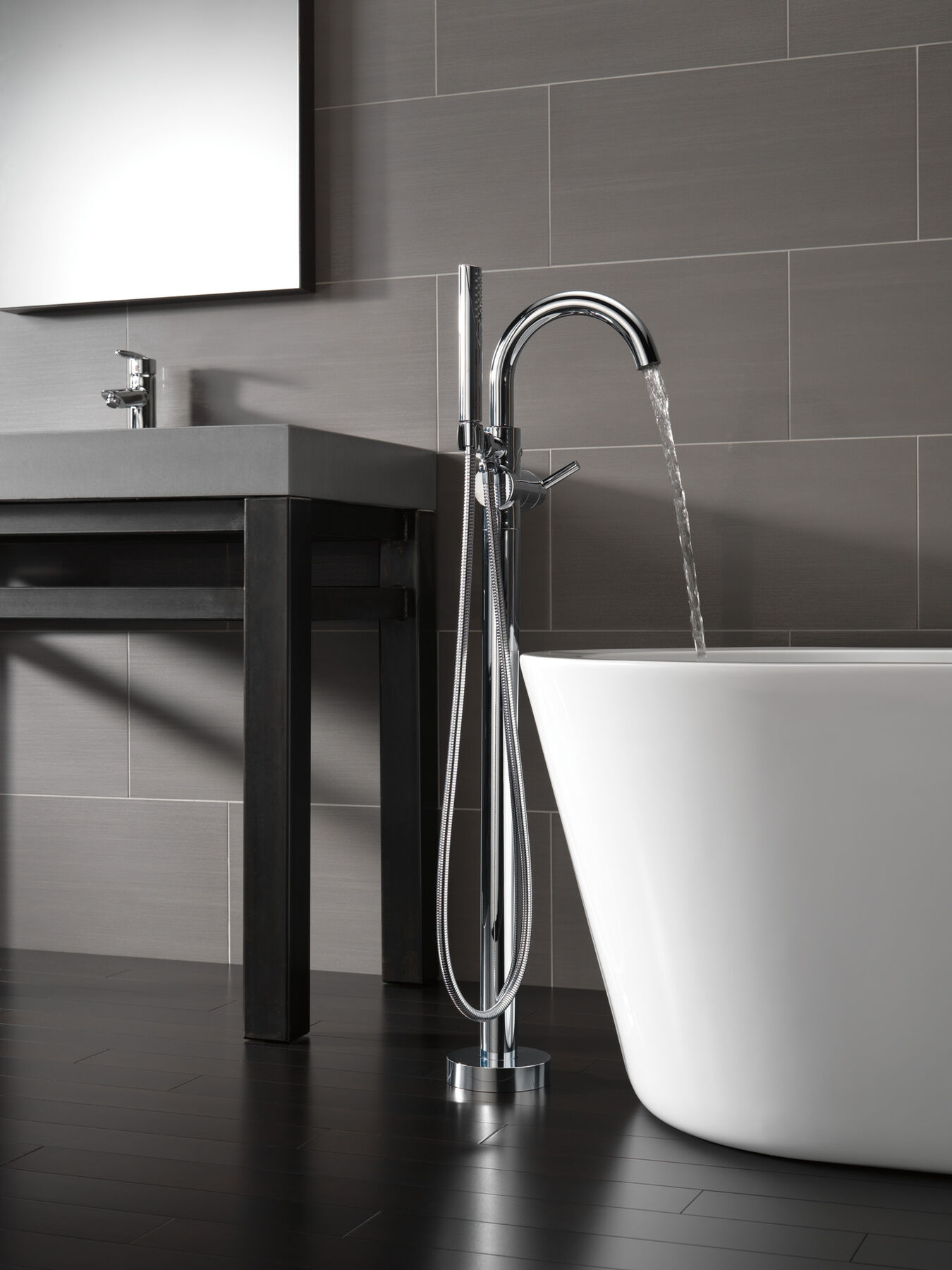 Single Handle Floor Mount Tub Filler Trim with Hand Shower