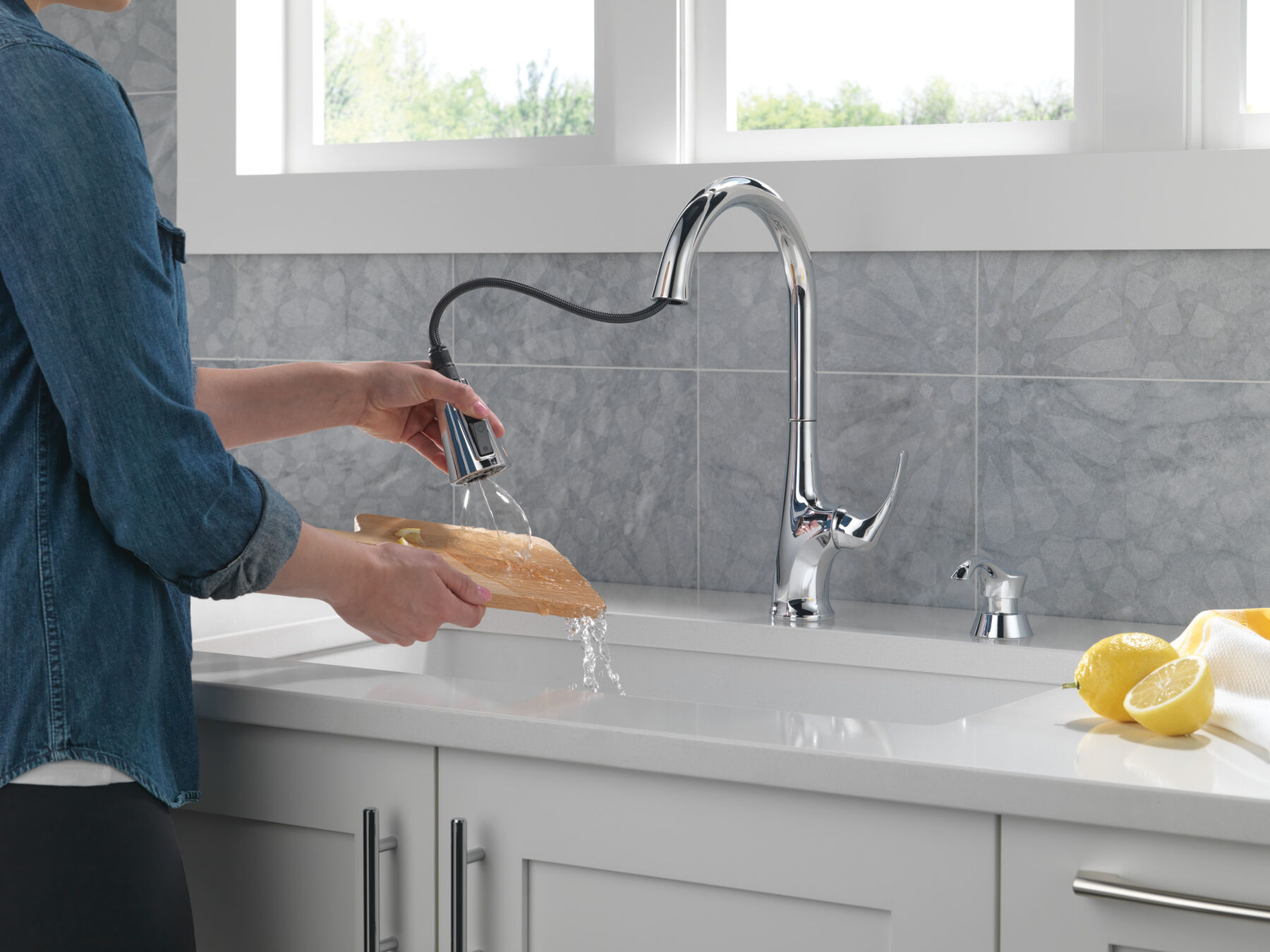 Single Handle Pull-Down Kitchen Faucet with Soap Dispenser and ShieldSpray Technology