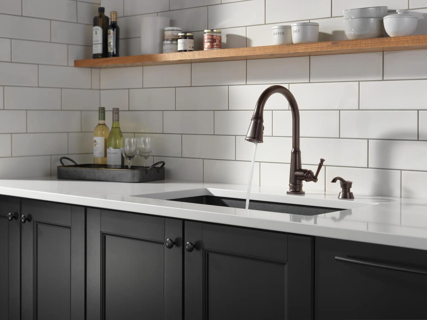 Single Handle Pull-Down Kitchen Faucet with Soap Dispenser and ShieldSpray Technology