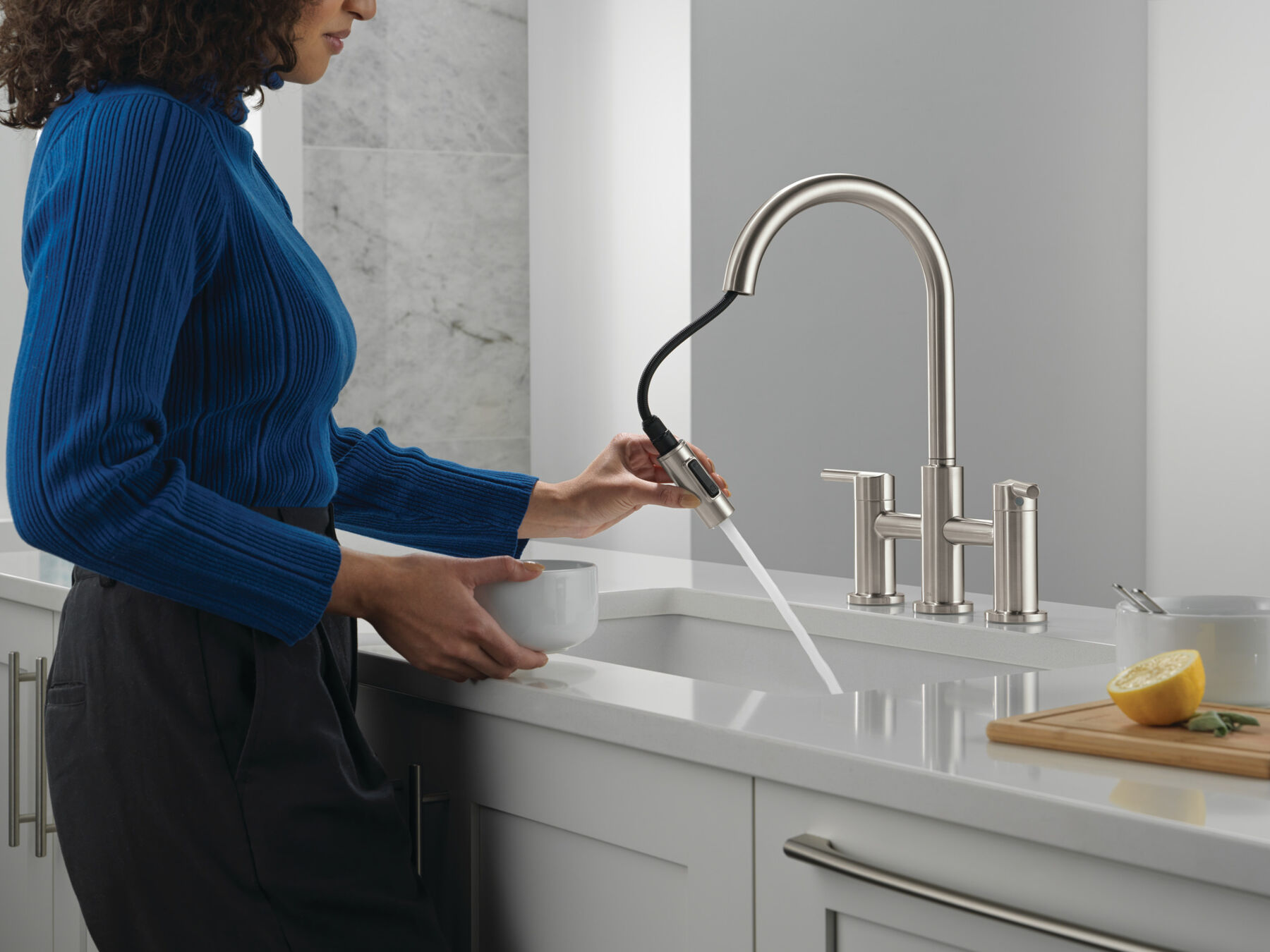 Two Handle Pull-Down Bridge Kitchen Faucet